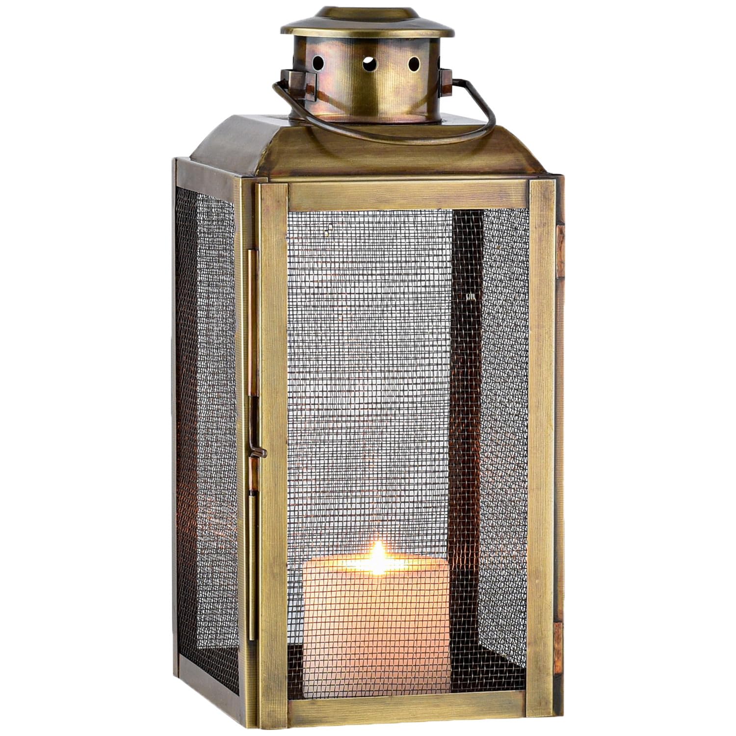 Marrakech - Farol decorativo vintage de 34 cm, metal dorado envejecido, portavelas para decoración de mesa, salón, portavelas, para balcón, terraza y jardín