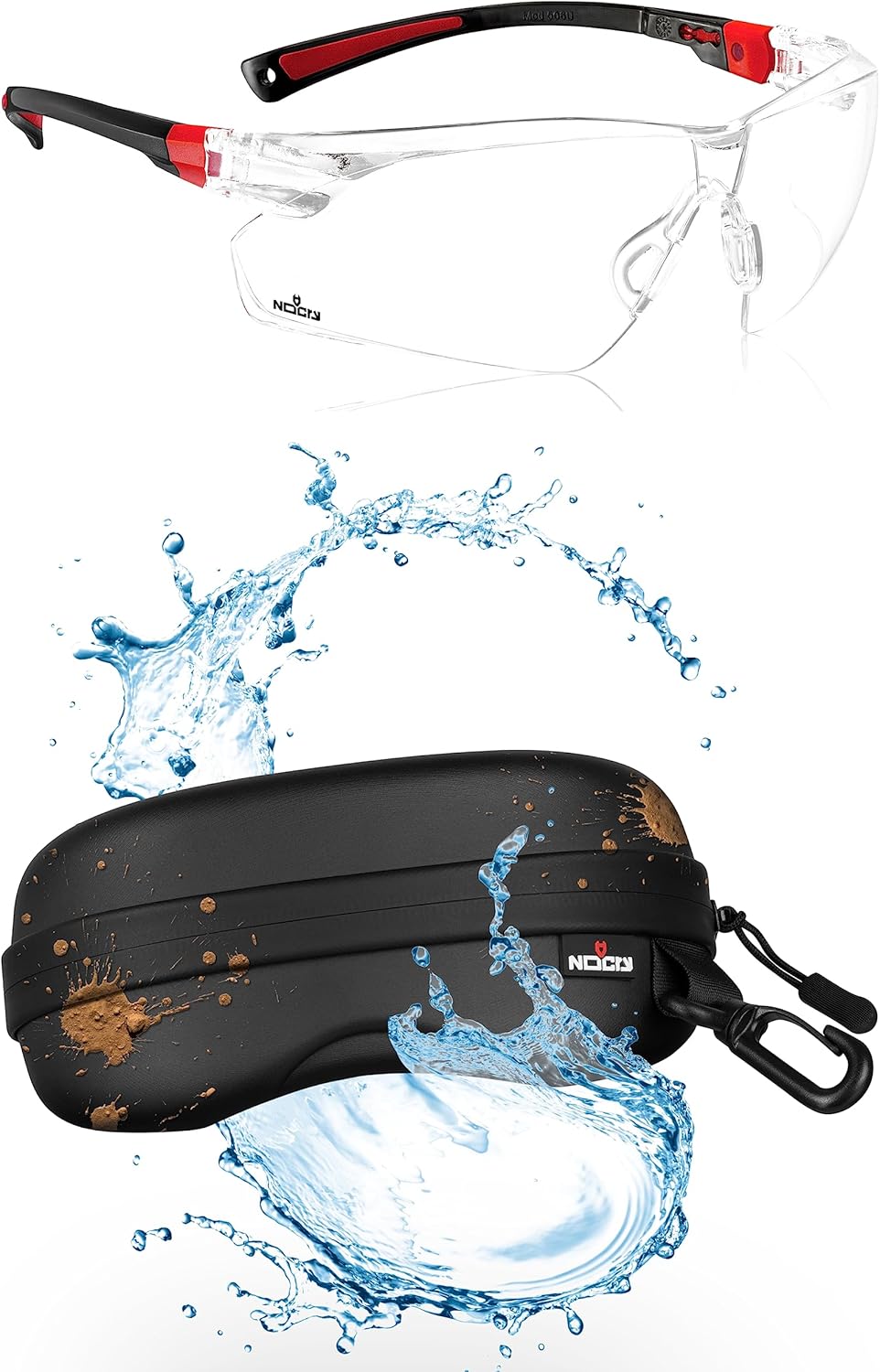 NoCry Clear Safety Glasses for Men and Women; Lightweight Glasses with Adjustable Frames and No-Slip Grips & Water Resistant Safety Glasses Case with Clip - Semi Hard Sunglasses Case; Cleaning Cloth