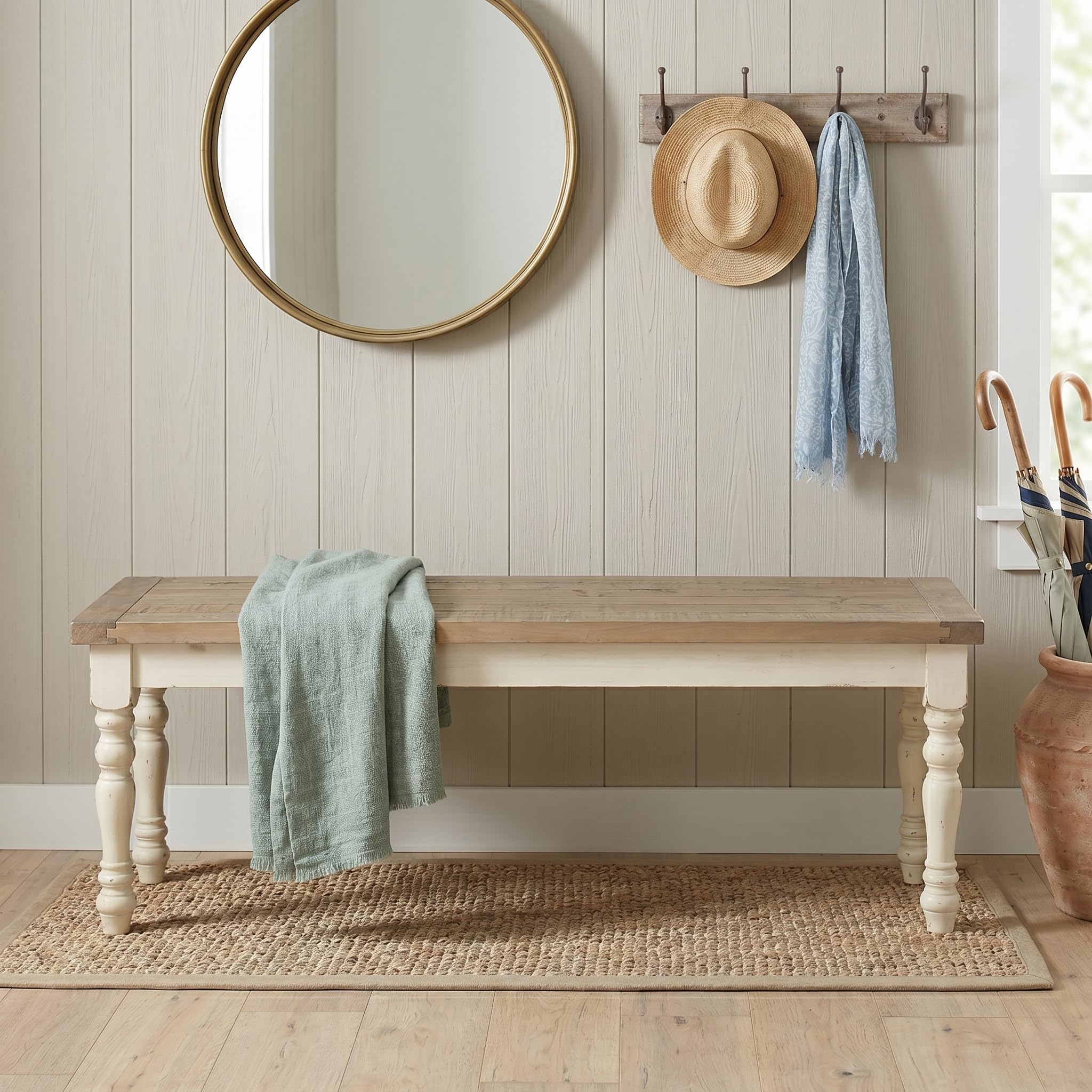 Roundhill Furniture Prato Two-Tone Distressed Oak Wood Dining Bench, Antique White