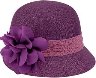 Women's Gatsby Linen Cloche Hat with Lace Band and Flower