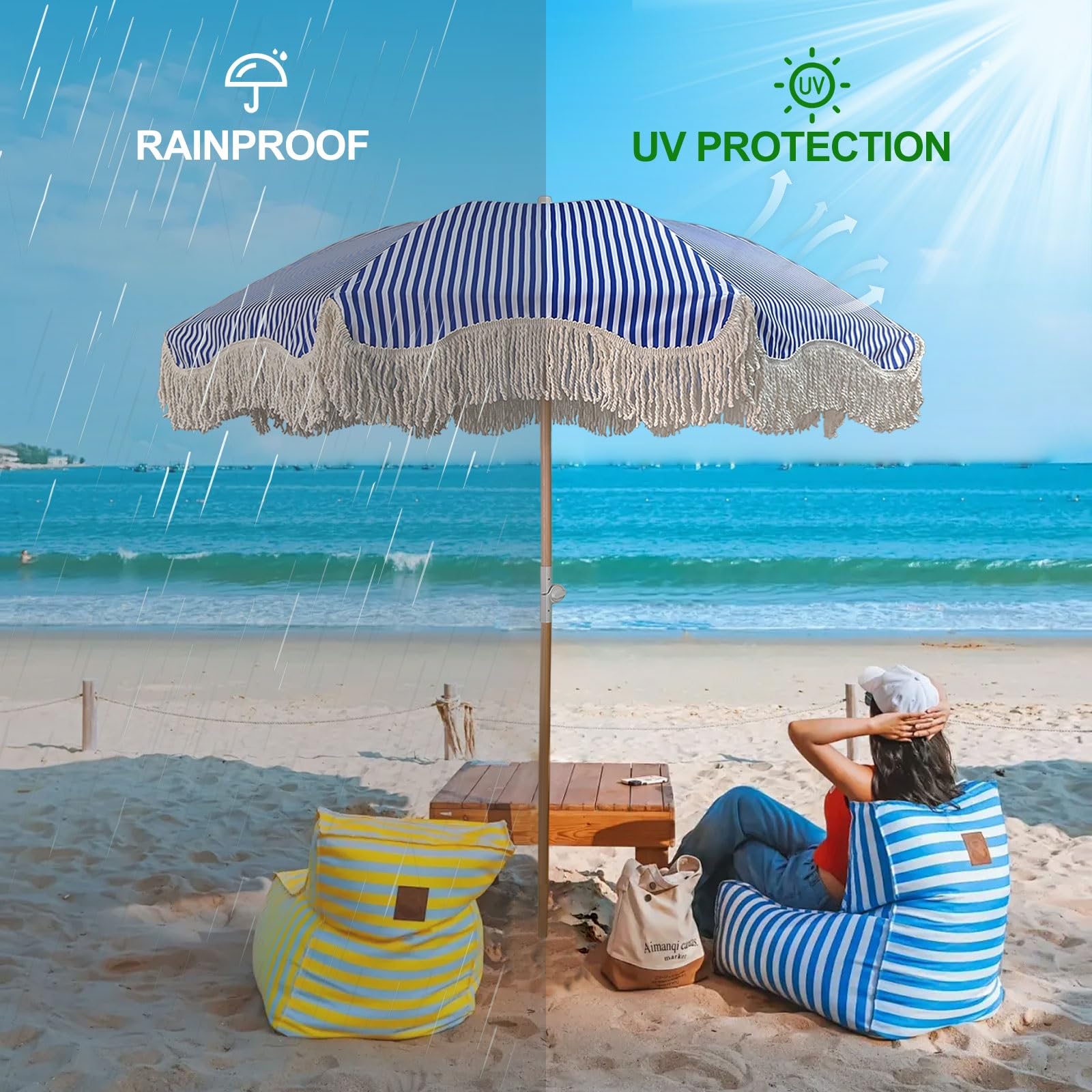 Parasol przeciwsłoneczny na patio przenośny z nachyleniem, 8 solidnych żeber, drążek 3,20 cm, niebiesko-białe paski na targ plażowy