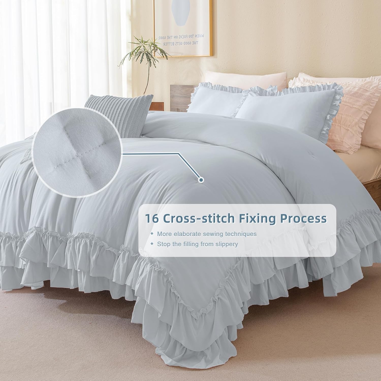 Queen's House Light Blue Farmhouse Ruffled King Size Comforter Set,Lightweight Microfiber Inner Fill Fluffy Boho Chic Bedding Comforter,Ultra Soft Microfiber Inner Fill Bedding