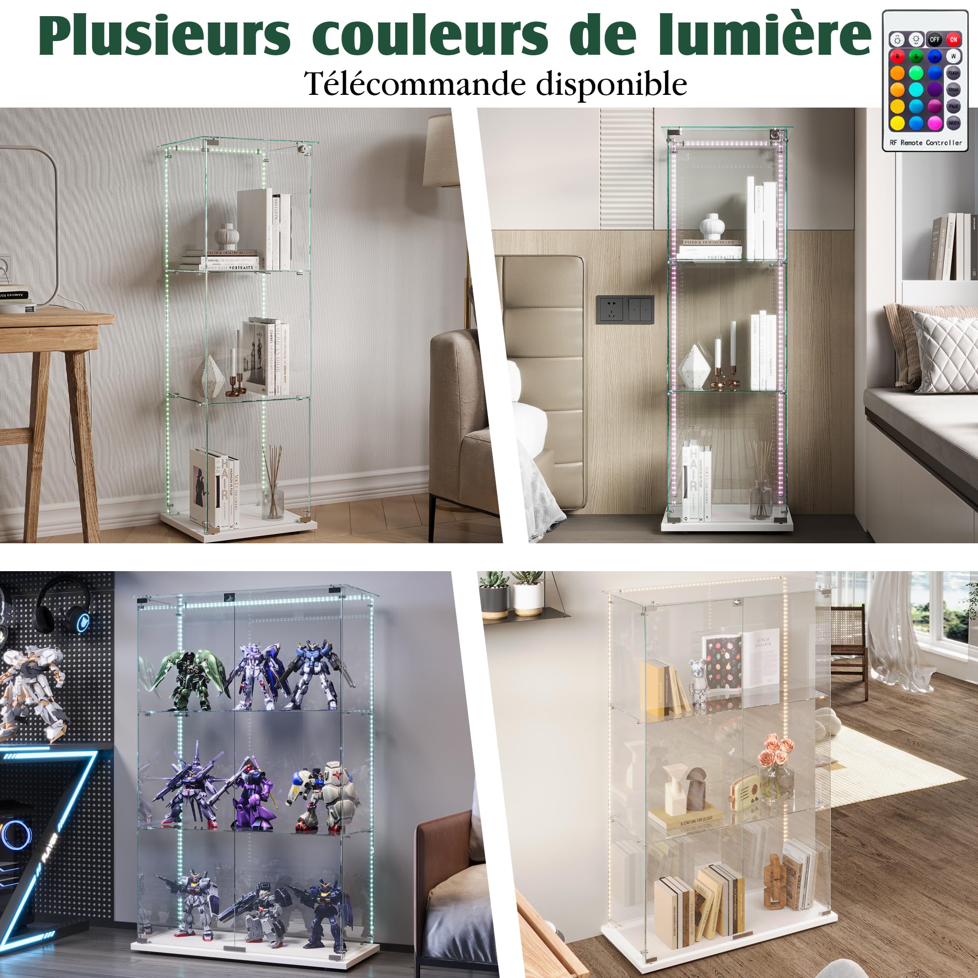 Glasvitrine Standvitrine,Glasvitrine Stehend mit Led,3 Lagen Glas Holz Glas Vitrine Vitrinenschrank 1 TüR und Schloss Vitrine Glasschrank Display Cabinet Sammlervitrine (Weiß, 3 Etagen 1 Tür+LED-2)
