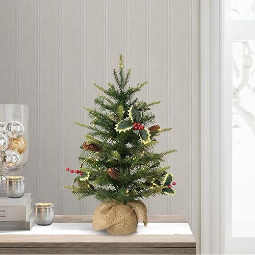 Vista 45 de Puleo International Árbol de Navidad artificial preiluminado de 2 pies con 35 luces en maceta de metal, color verde