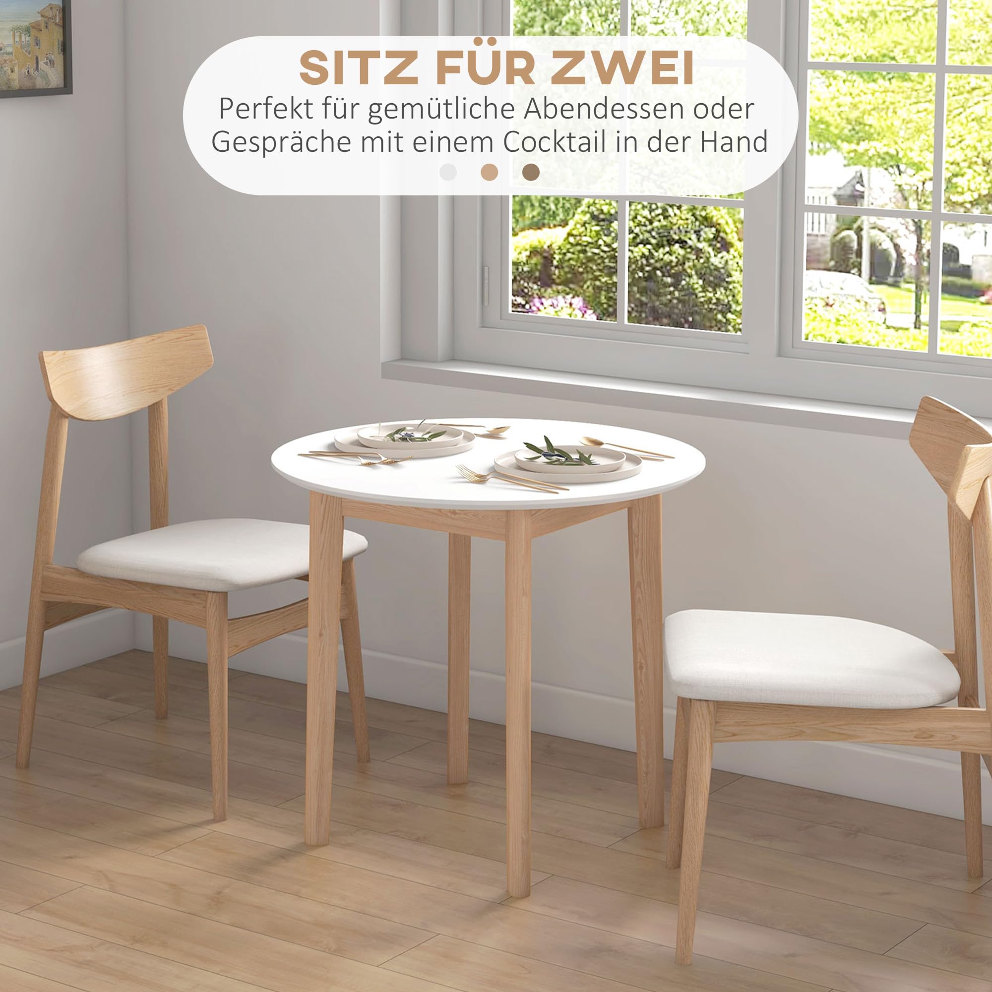 HOMCOM Esstisch, Runder Küchentisch für 2 Personen, Esszimmertisch mit Landhaus-Stil, für Wohnzimmer, Massivholz, Ø75 x 76 cm, Weiß