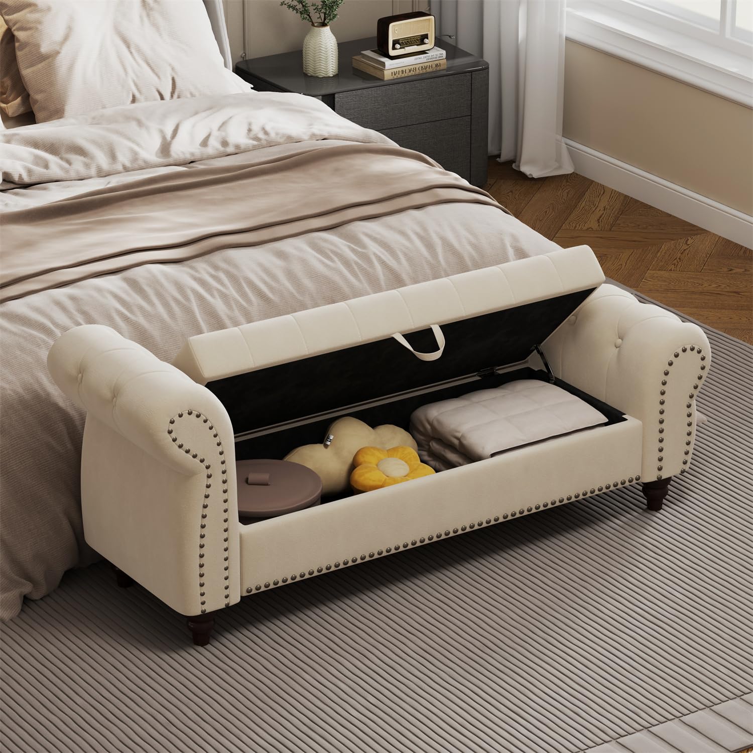 Upholstered Storage Bench With Rolled Arms & Nailhead Trim - End Of Bed Bench, Ottoman With Hidden Storage