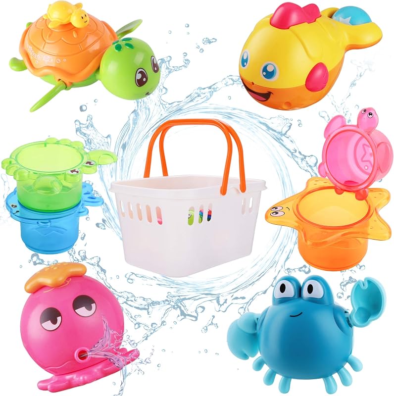 Baby Bath Toys, Toddler Bathtub Set w/Storage Basket | Infant Water Tub Shower Toy w/Float Animal, Stack Cup, Fun Bathtime Birthday Gift 6 9 12 18 Month 1 2 3 Year Old Girl Boy Kid