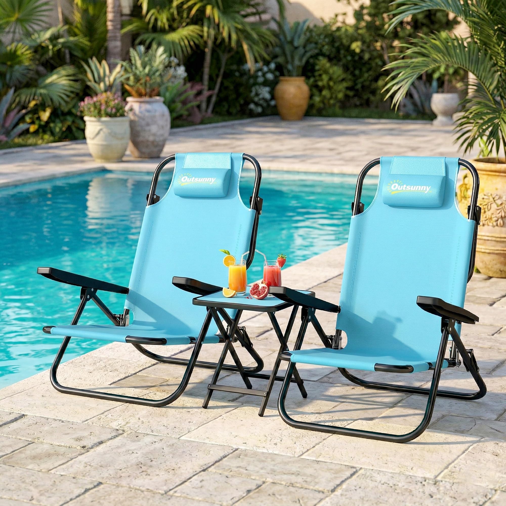 Outsunny Lot de 2 Chaises de Plage Pliable, Chaise Camping Pliante à 5 Positions avec Dossier, Appui-tête et Accoudoirs, pour Jardin Pique-Nique Festival Voyage, Bleu Clair