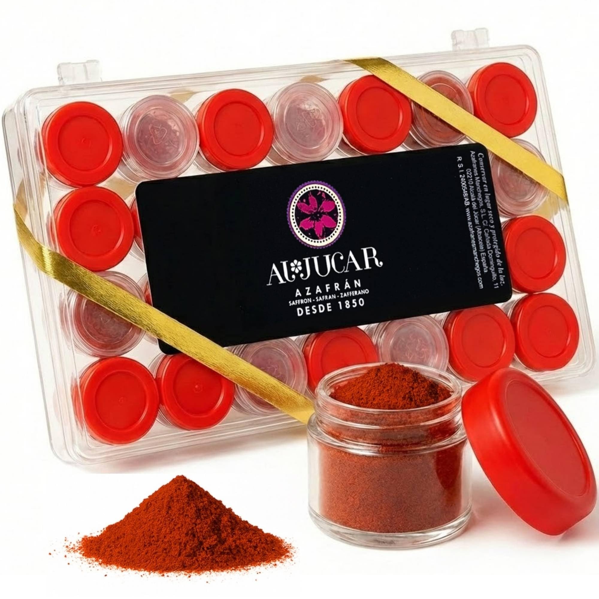 Azafrán molido selecto - Especia natural para paellas - Sin colorantes artificiales - Azafrán Español puro en cápsulas en polvo, caja con 28 monodosis de 0,250 g (7 g).