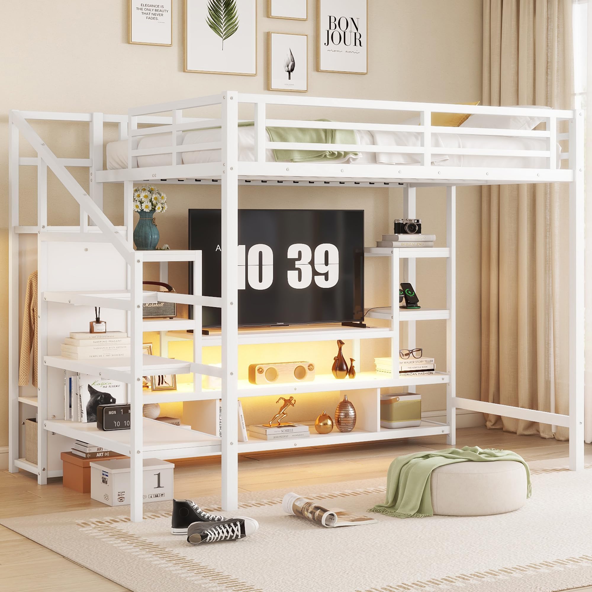 Full Size Loft Bed with Stairs and Desk, Metal Bed Frame with Storage Bookcase and Low Desk Cabinet, Heavy-Duty for Adults, Teens and Kids, White