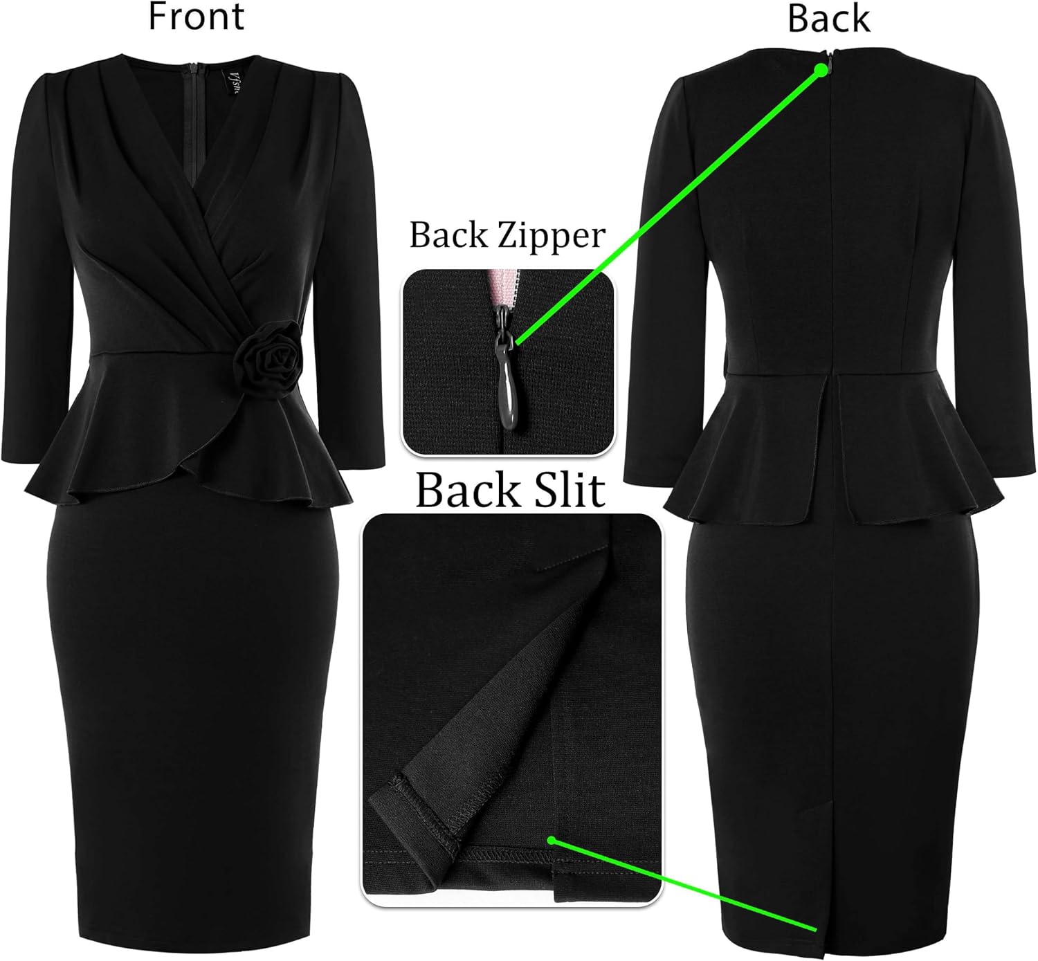 VFSHOW Womens 2024 Business Church Vintage Work Office Faux Wrap V Neck Slim Bodycon Pencil Dress