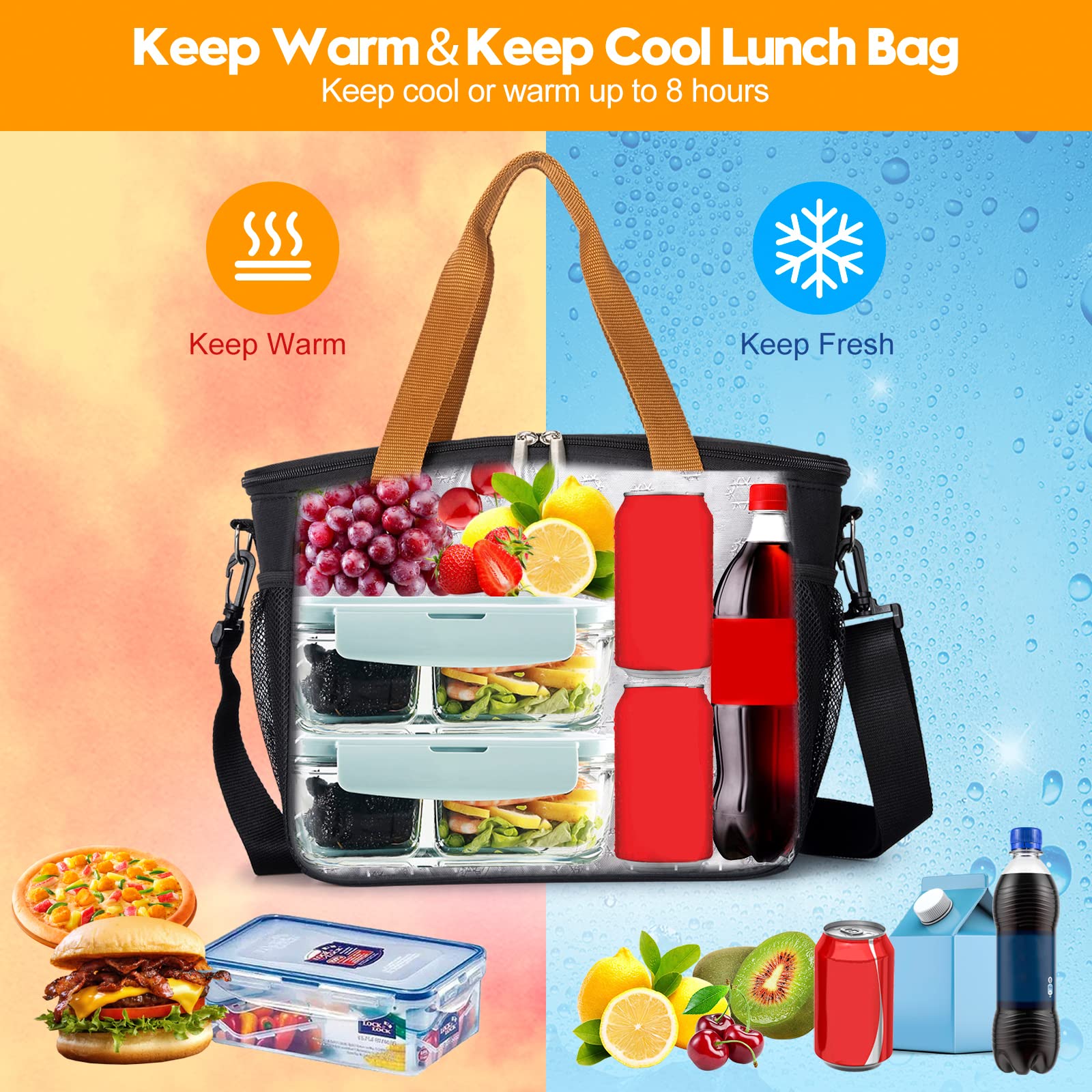 BABEYER Lunch Bag for Women, Insulated Large Lunch Tote Freezable Lunch Box with Shoulder Strap for Work, Beach and Picnic, Black