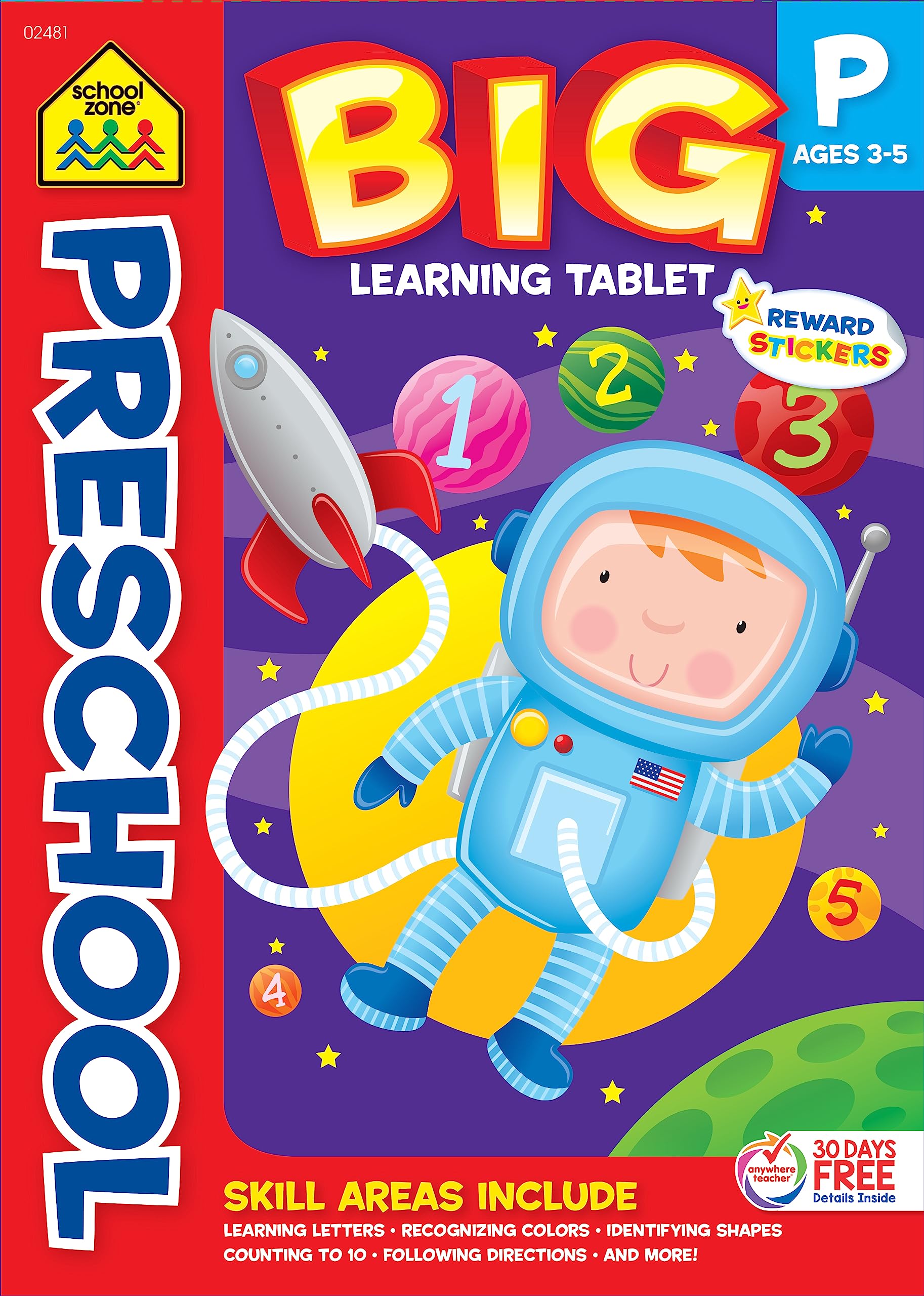 School Zone - Preschool Big Learning Tablet Workbook - 240 Pages, Ages 3 to 5, Stickers, Letters, Colors, Shapes, Counting to 10, and More (Easy-Tear Top Bound Workbook)