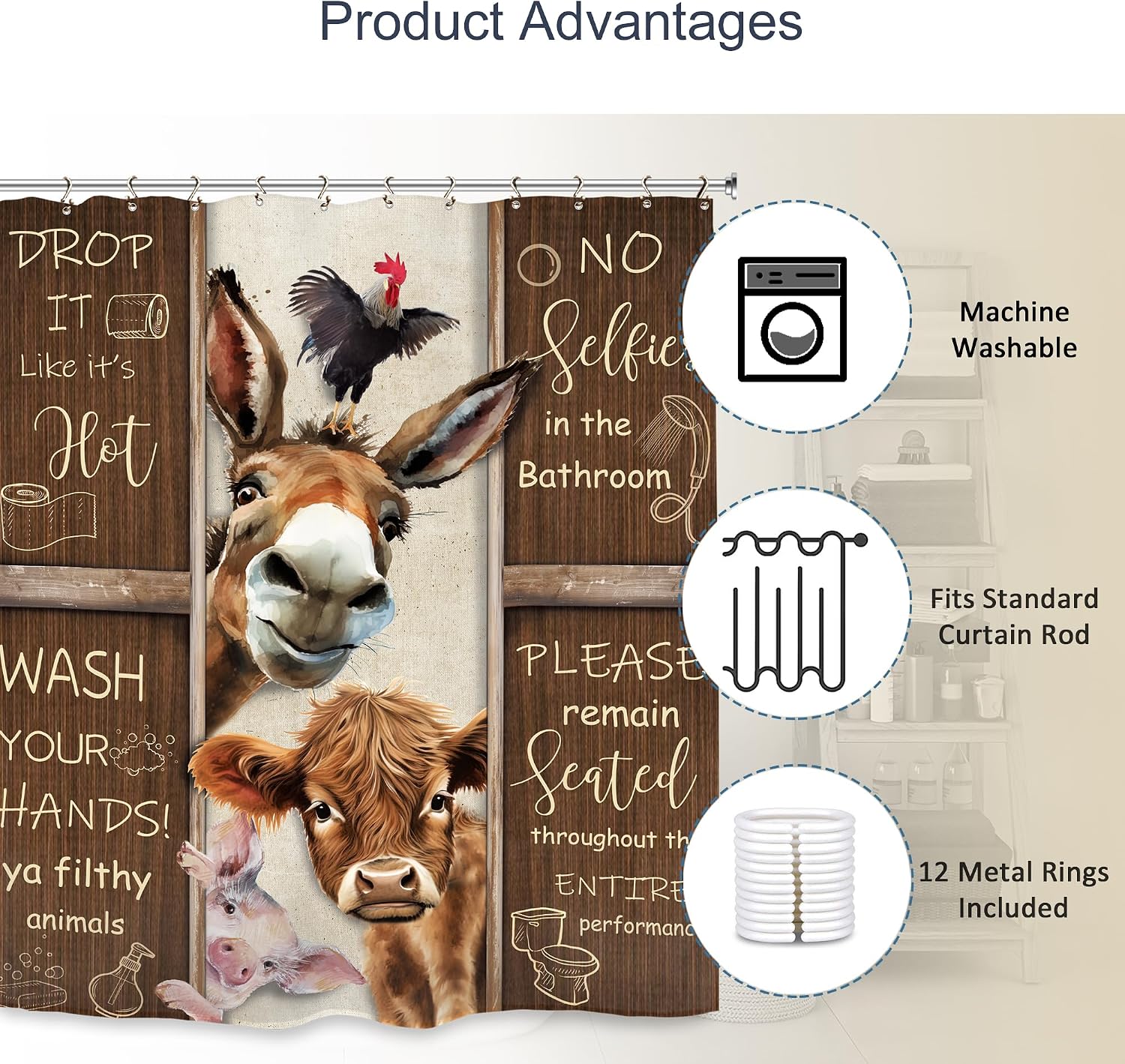 Funny Donkey Bull Pig Farmhouse Bathroom Shower Curtain 60W by 71H Inch