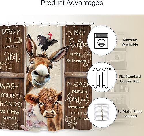 Miniatura 4 de Yookeb Divertida cortina de ducha con reglas de baño de vaca, burro y animales, 60 pulgadas de ancho por 71 pulgadas de alto, estilo rústico, para