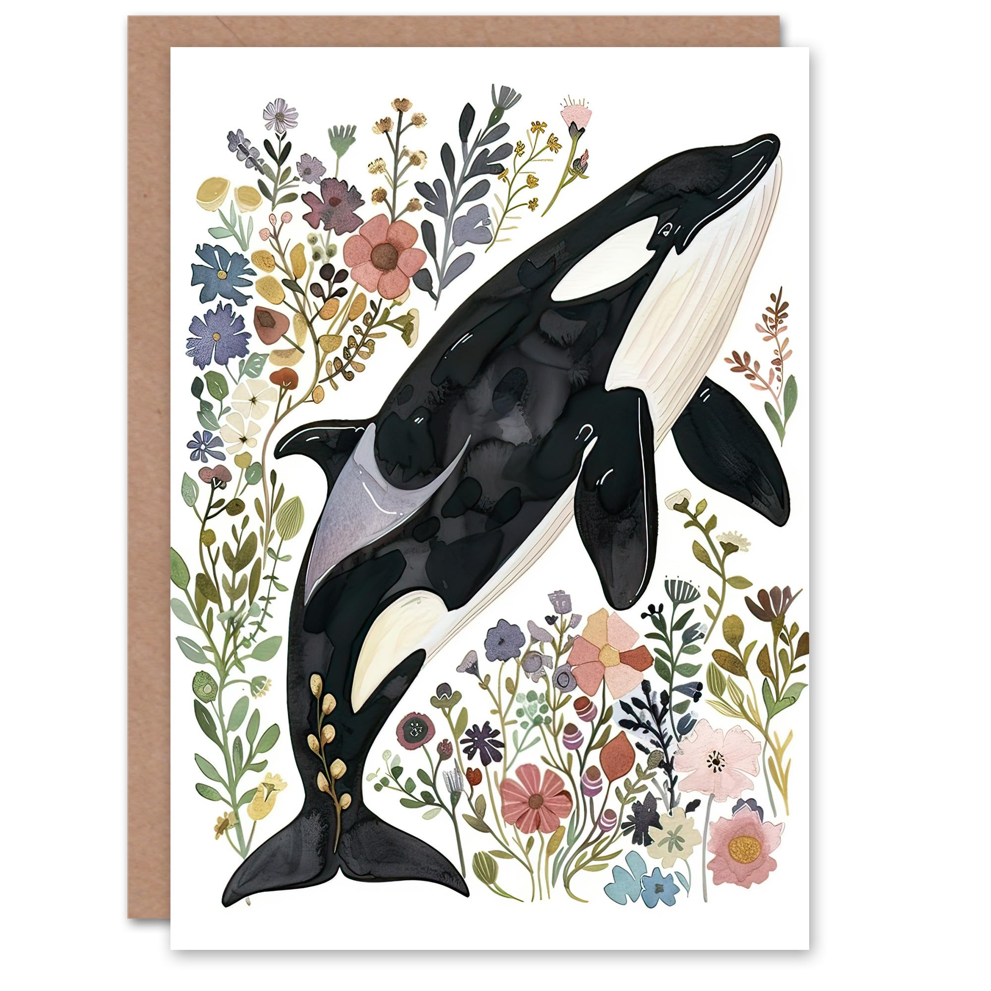 Artery8 Greeting Card Orca Killer Whale with Wildflowers Bright Floral For Her Woman Birthday Card