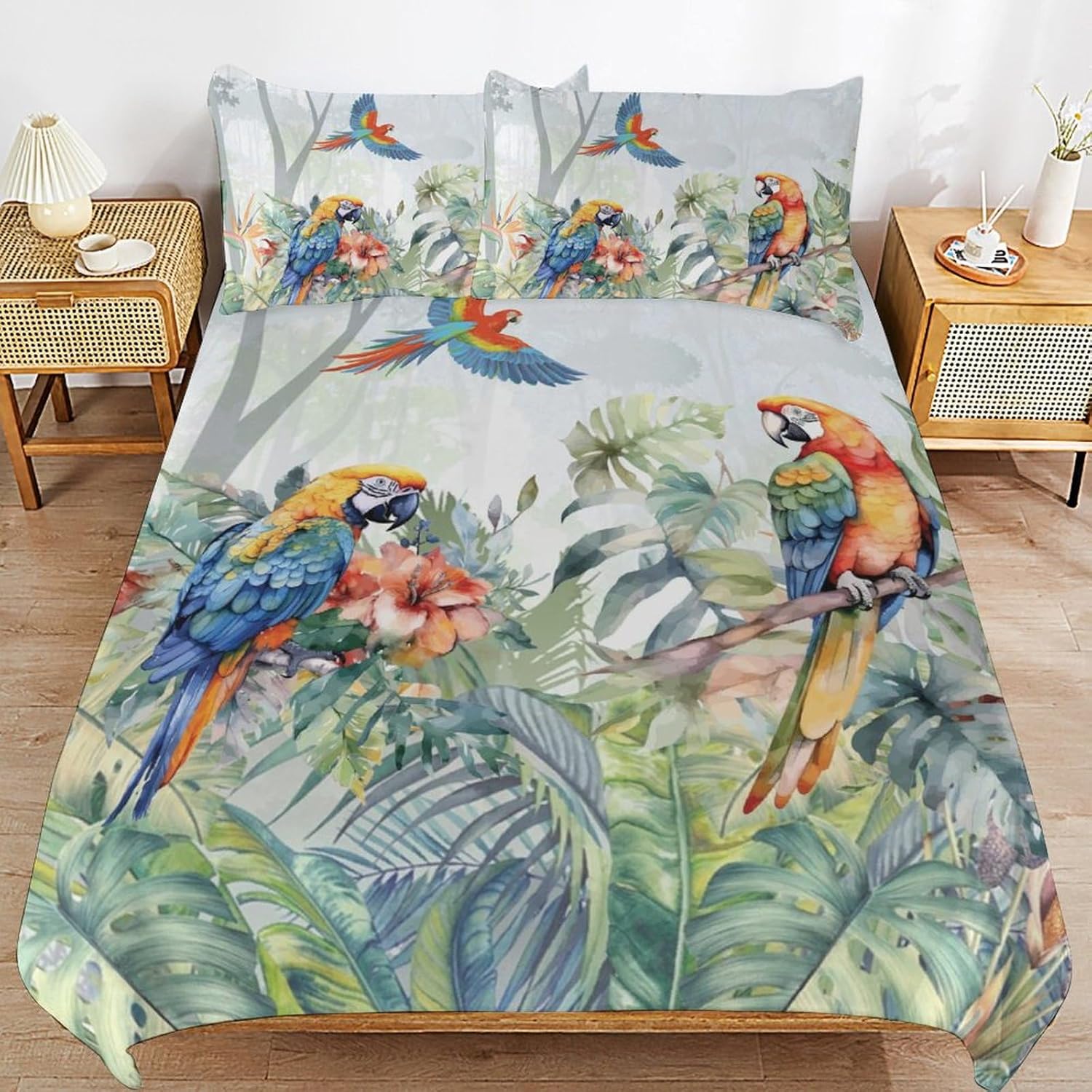 Abstract Misty Forest Parrot Duvet Cover Set Queen Size,Watercolor Tropical Floral Jungle Colorful Parrot Bird Bedding Sets 3 Pieces(1 Duvet Cover+2 Pillowcases)