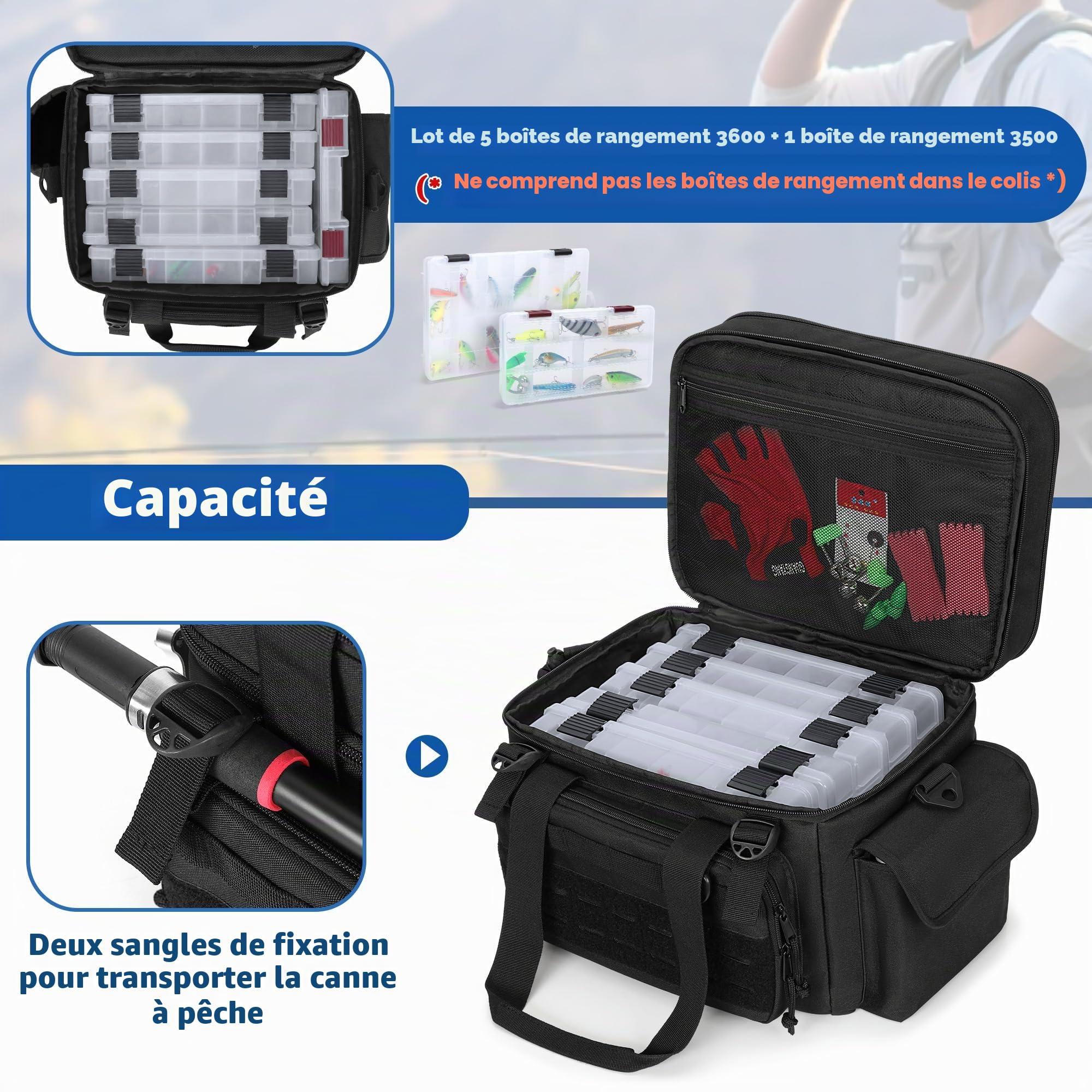 DSLEAF Sac de Pêche pour Boîtes de Pêche 3500/3600 (Sac Uniquement) | Sac Souple avec Fond Imperméable et Sangles de Support de Canne pour La Pêche en Eau Salée ou En Eau Douce