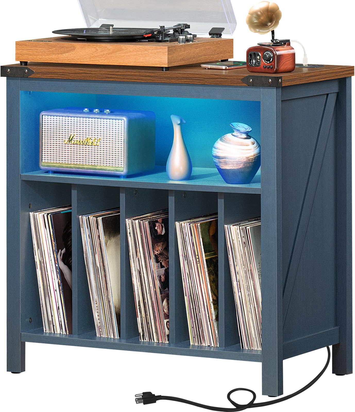 - Joaxswe Large Record Player Stand with Charging Station & LED Lights, Vinyl Records Storage Holder Cabinet Holds up to 230 Albums, Turntable Stand for Music Room, Bedroom, Living Room, Office (Blue)