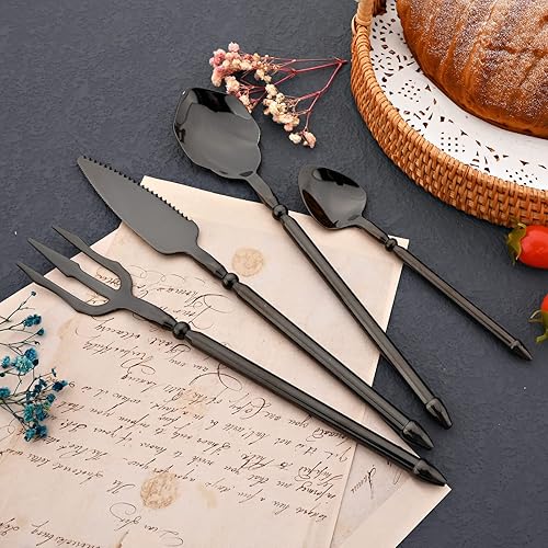 Miniatura 2 de JASHII Juego de cubiertos de acero inoxidable 304 de lujo de 4 piezas, servicio para 1, juego de cubiertos negros creativos, resistente, incluye