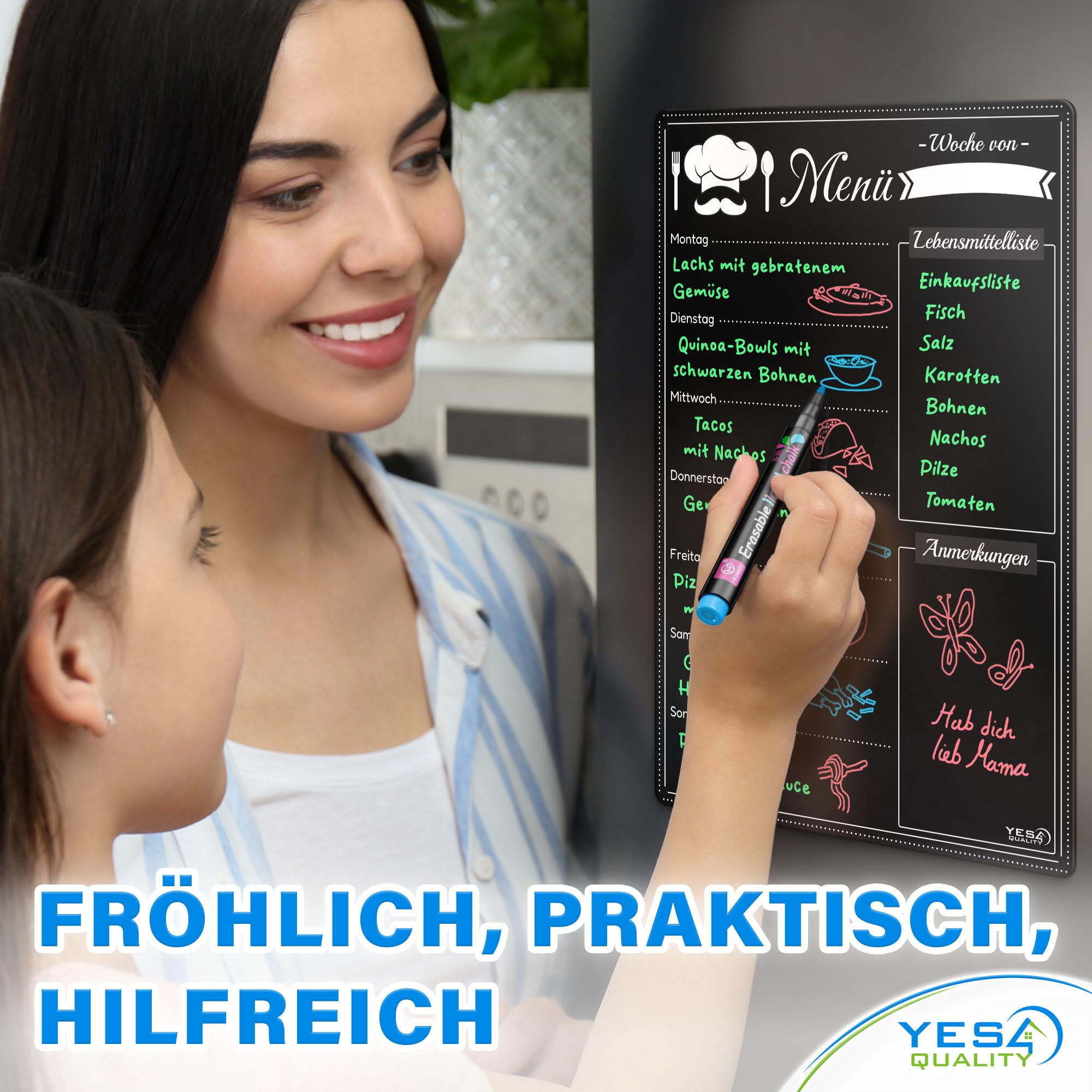 A3 Magnetic Dry Erase Menu Board for Fridge - 40 x 30 cm - Magnetic Black Schedule Board Kitchen Weekly Meal Planner With 4 Markers and 1 Cleaning Cloth - by Yes4Quality