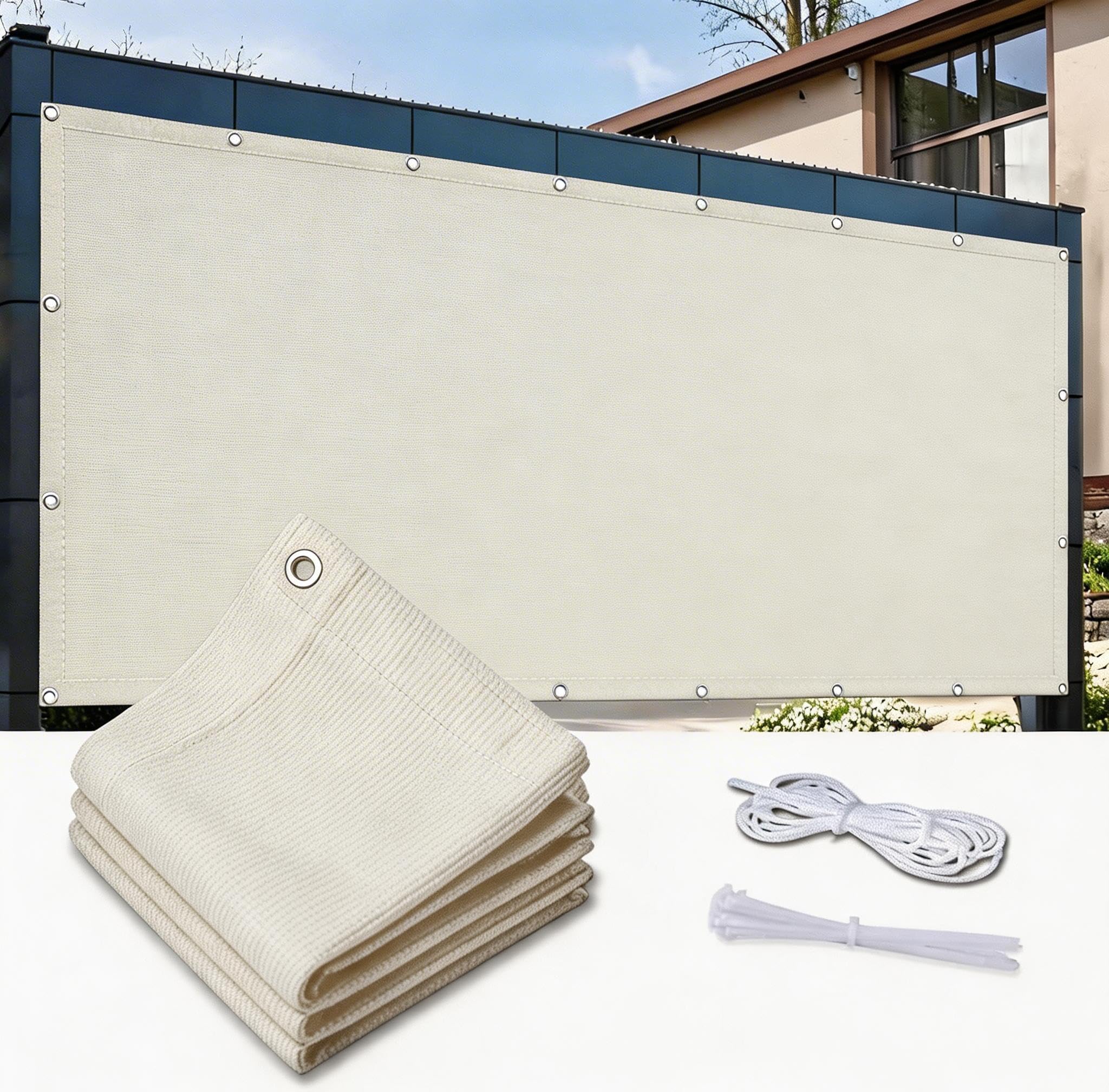 Zasłona Balkonowa 140 x 400 cm Ochrona Przed Wiatrem I Promieniowaniem Uv, Ochrona Przed Ciekawskimi Spojrzeniami Osłona Na Werandę Z Filtrem UV Z Oczkami, Lina Na Taras, Kolor kremowy