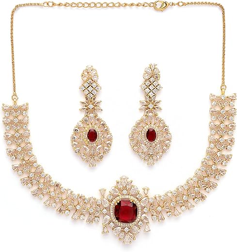 Karatcart Elegant Gold-Plated Red American Diamond Necklace Set for Women
