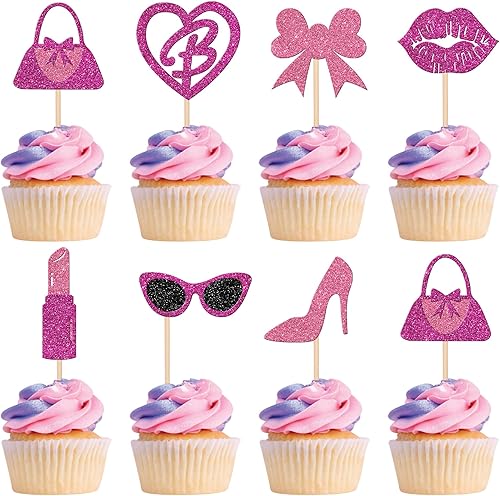 Miniatura 1 de 24 piezas de adornos de princesa para cupcakes con purpurina rosa para niñas, bolsos, lentes, lazo, lápiz labial, corbata de tacón alto,