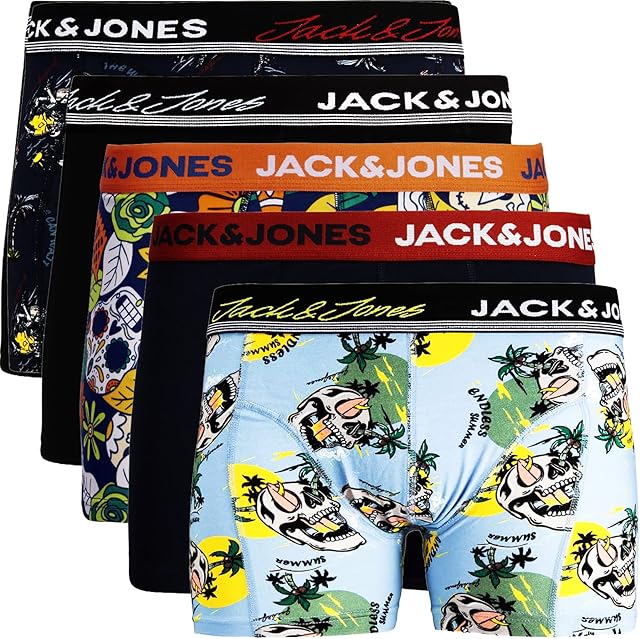 JACK & JONES Zestaw 5 par bokserek ze stretchu, bielizna Basic Jersey, wielokolorowa