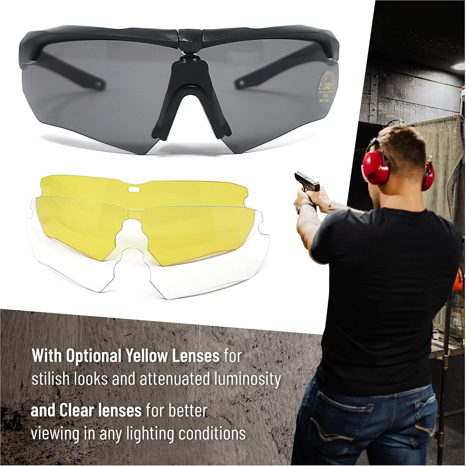 Tactical Shooting Glasses, 3 Interchangeable Lenses, Explosion-Proof | Meets safety standards for impact resistance. Water resistant, with rubber nose protection and corrective mount support.