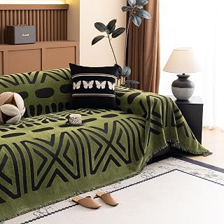 HANDONTIME Boho Couch Cover Geometric Striped Pet Covers for Couches and Sofas Olive Green and Black Dog Cover for Couch Pet Friendly Chenille Sectional Sofa Covers for Pets Washable, 71" X 118"