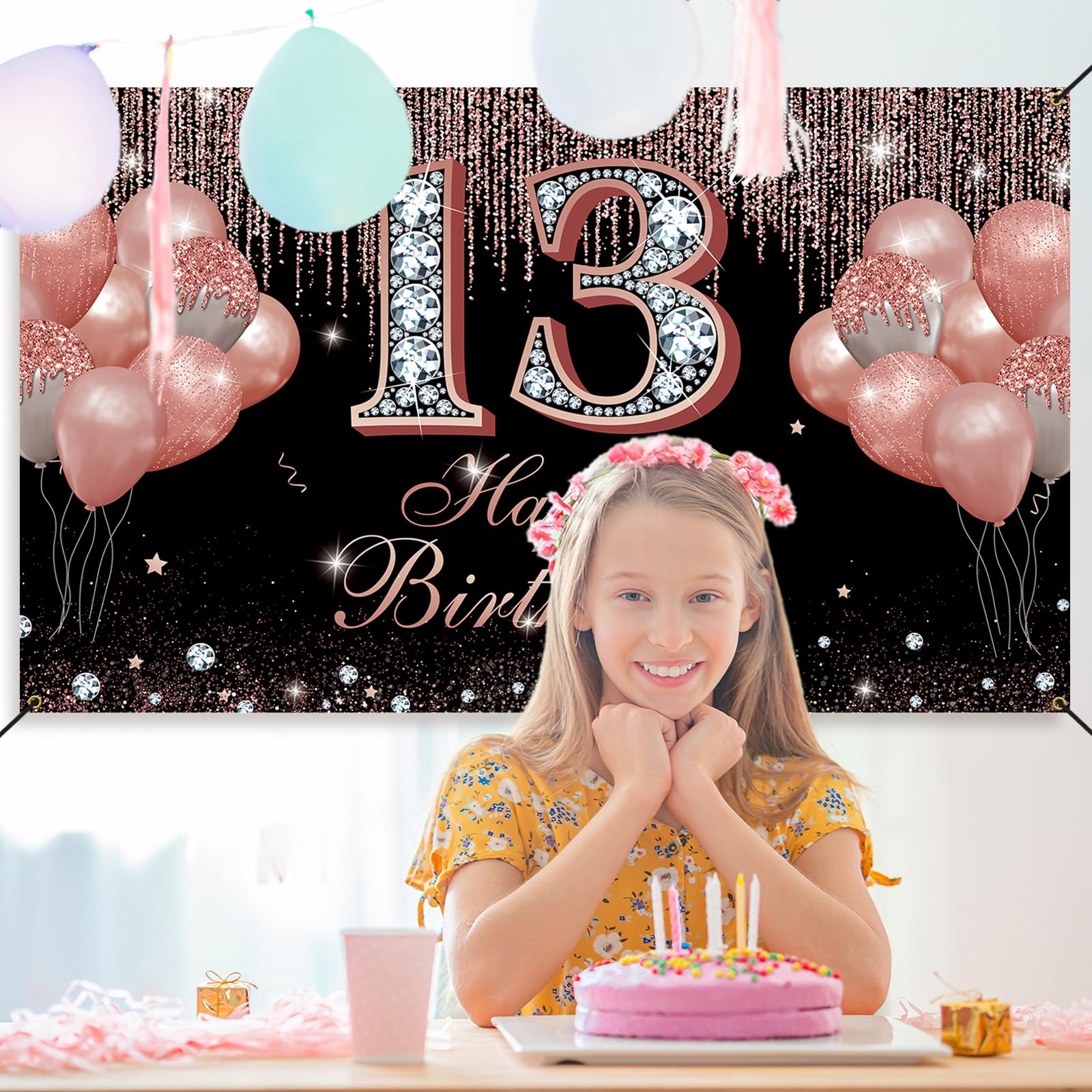 Happy 13th Birthday Banner - Rose Gold Backdrop For Teen Girl Party, Fabric Photo Sign Decor