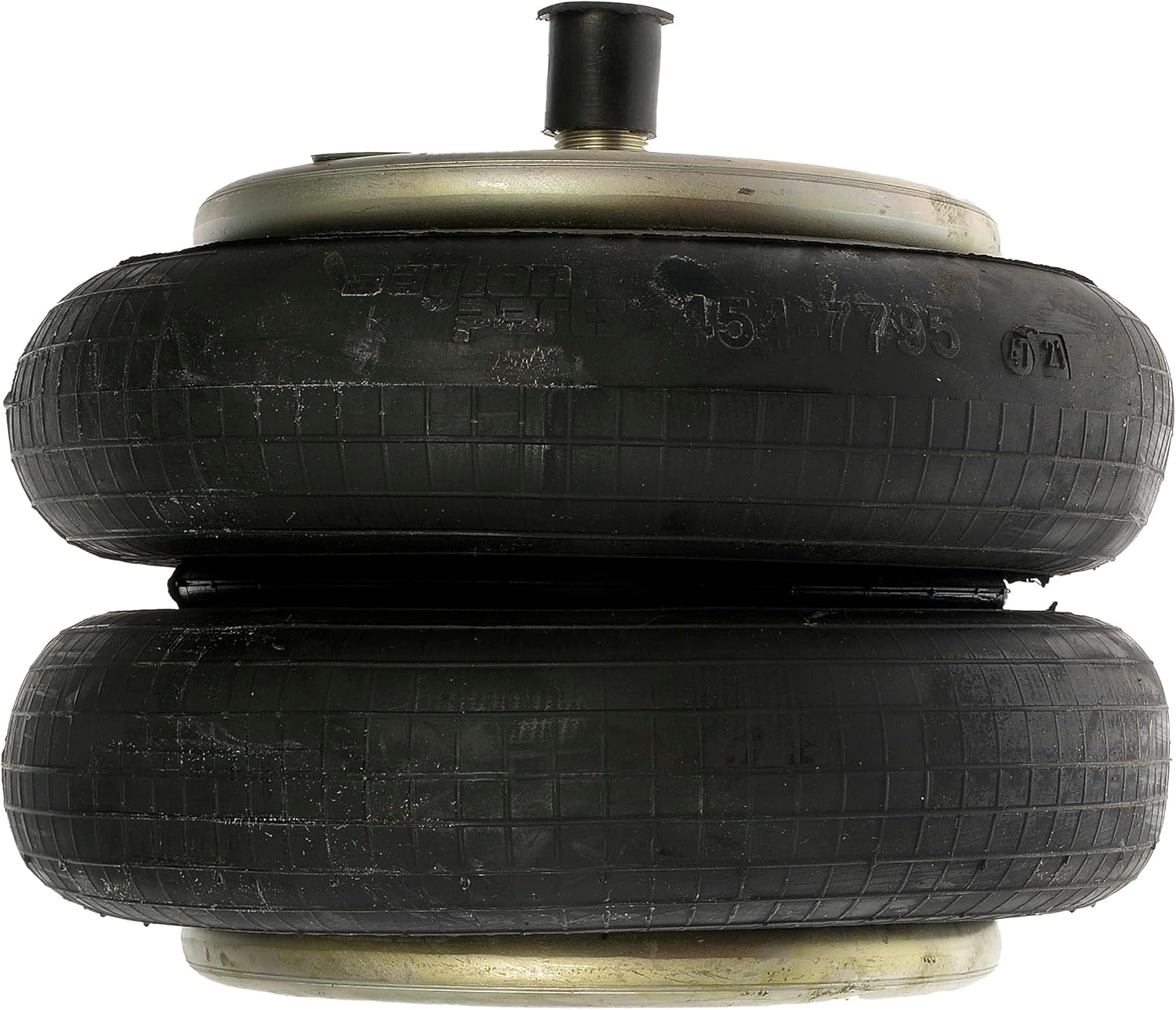 Dayton Parts 454-7795L Air Spring, Double Convoluted, 2.76" Collapsed Height, 6.31" Top Plate Diameter, 6.31" Bottom Plate Diameter, One Stud Top Plate, Two Hole Bottom Plate