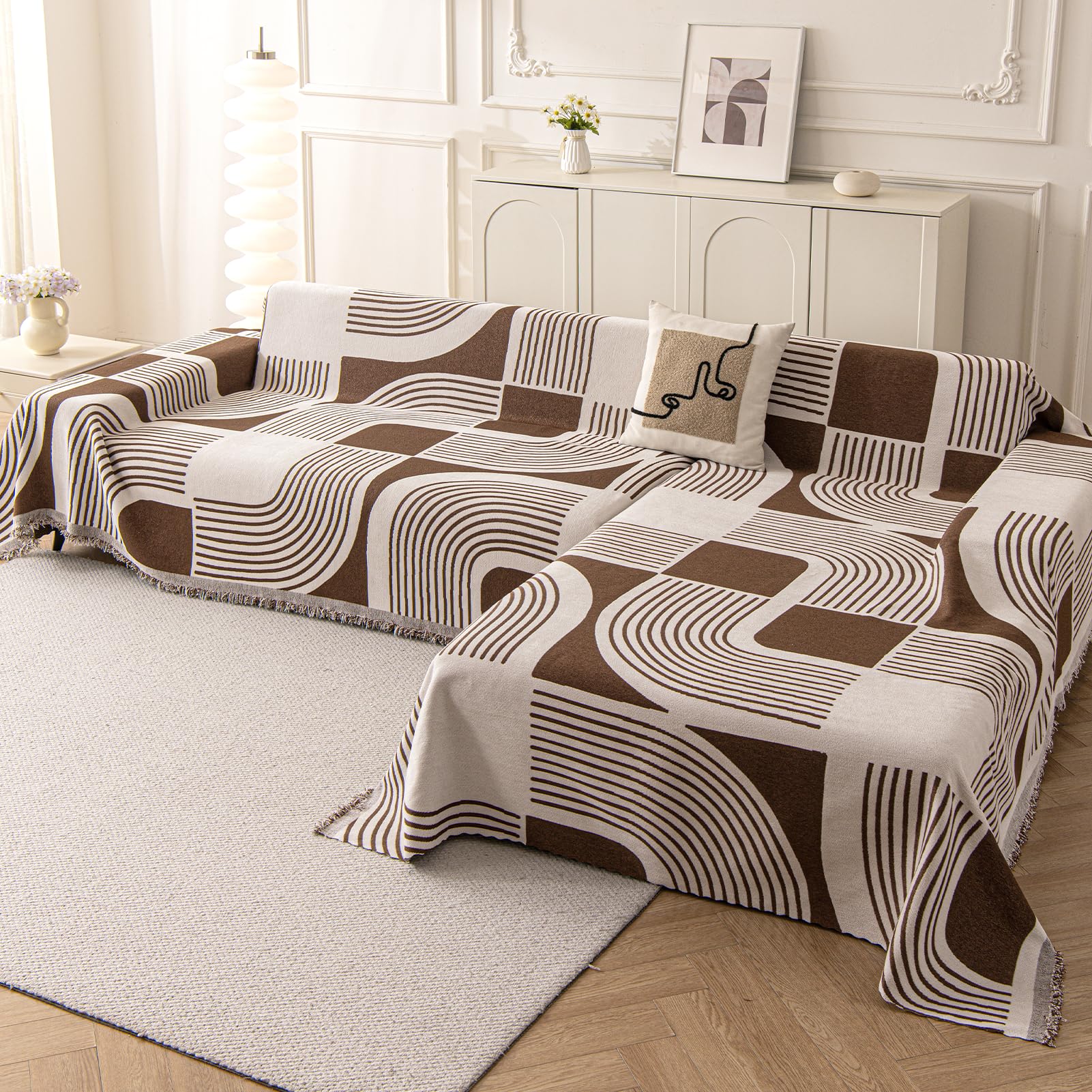 WEYOND Sofa überzug für L-Form Sofas, 180 x 300 cm + 180 x 340 cm, Kaffee | Chenille Sofa Überwurf, Waschbare Bohemian Couch Überzug, Sofaschutz Hund mit Recamiere-Bezug für Ecksofas