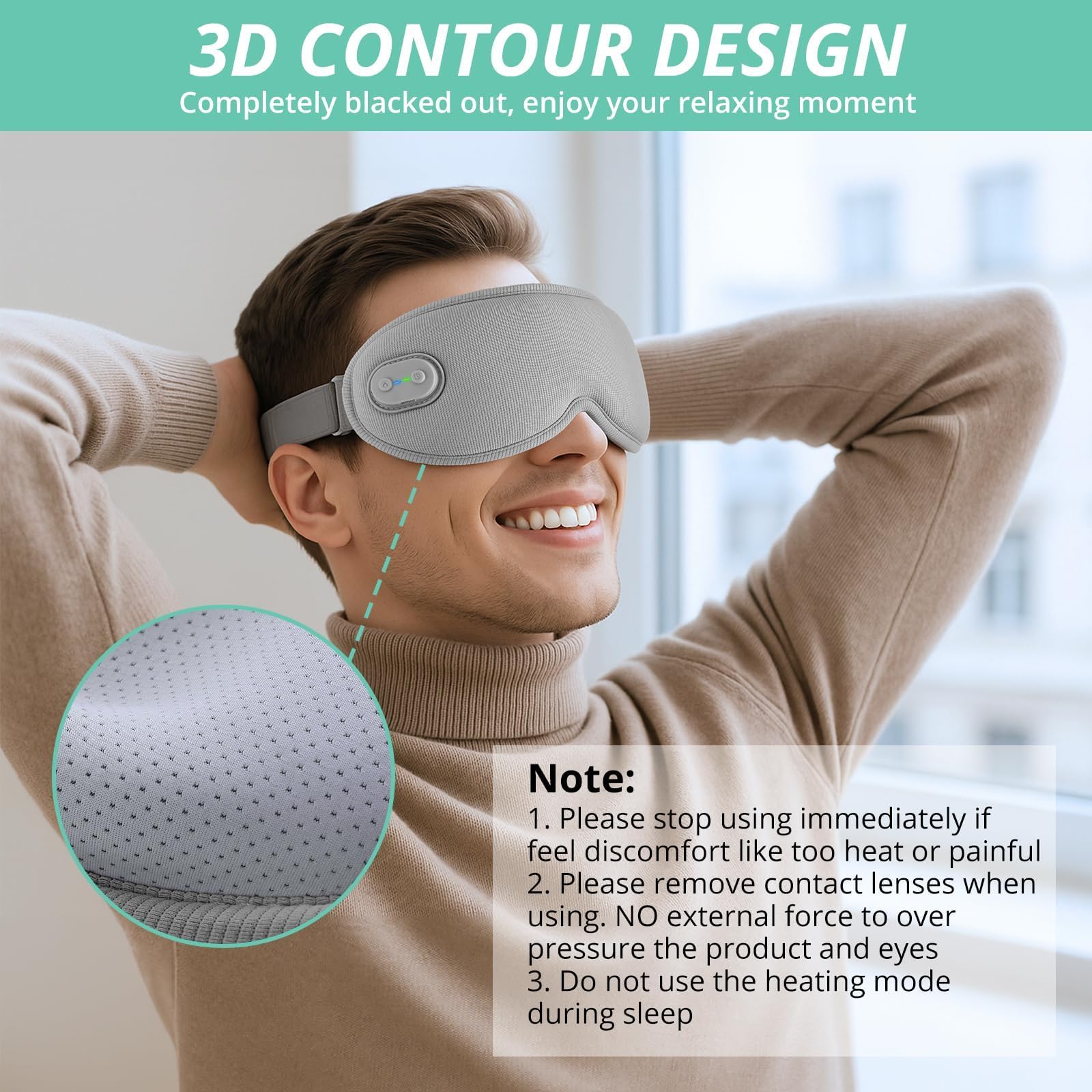 VINTEAM Maschera Occhi Riscaldante Wireless, 3 Livelli Temp/Tempo Regolabili, Design 3D Senza Pressione, 1200mAh 99g Leggera, per Rilassamento Occhi/Fatica Oculare a Casa/Ufficio/Viaggio