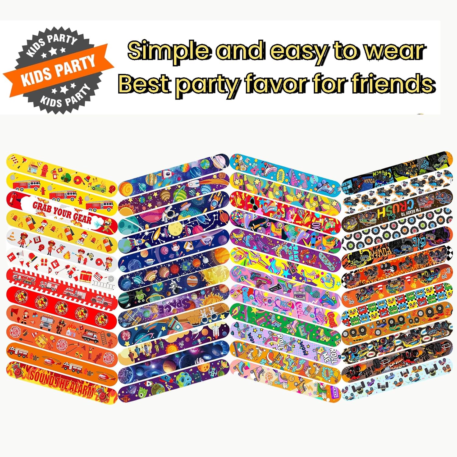 Slap Bracelets Party Favors 48Pcs Slap Bracelets Bulk Party Snap Bracelets Gifts for kids Butterflies,Space multi-themed School Classroom Prizes Exchange (B:Space,Trucks,Fire trucks,Roller skates) - Image 4