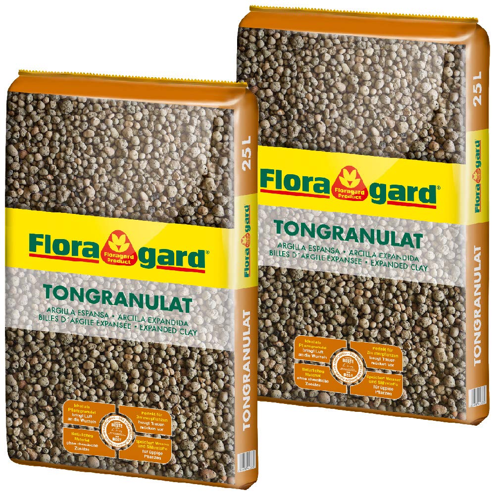 Floragard Blähton Tongranulat zur Drainage 2x25 L • Hydrokultursubstrat • für Pflanzkästen, Kübel oder Töpfe • Drainagematerial • 50 L & Blumenerde, 40 Liter