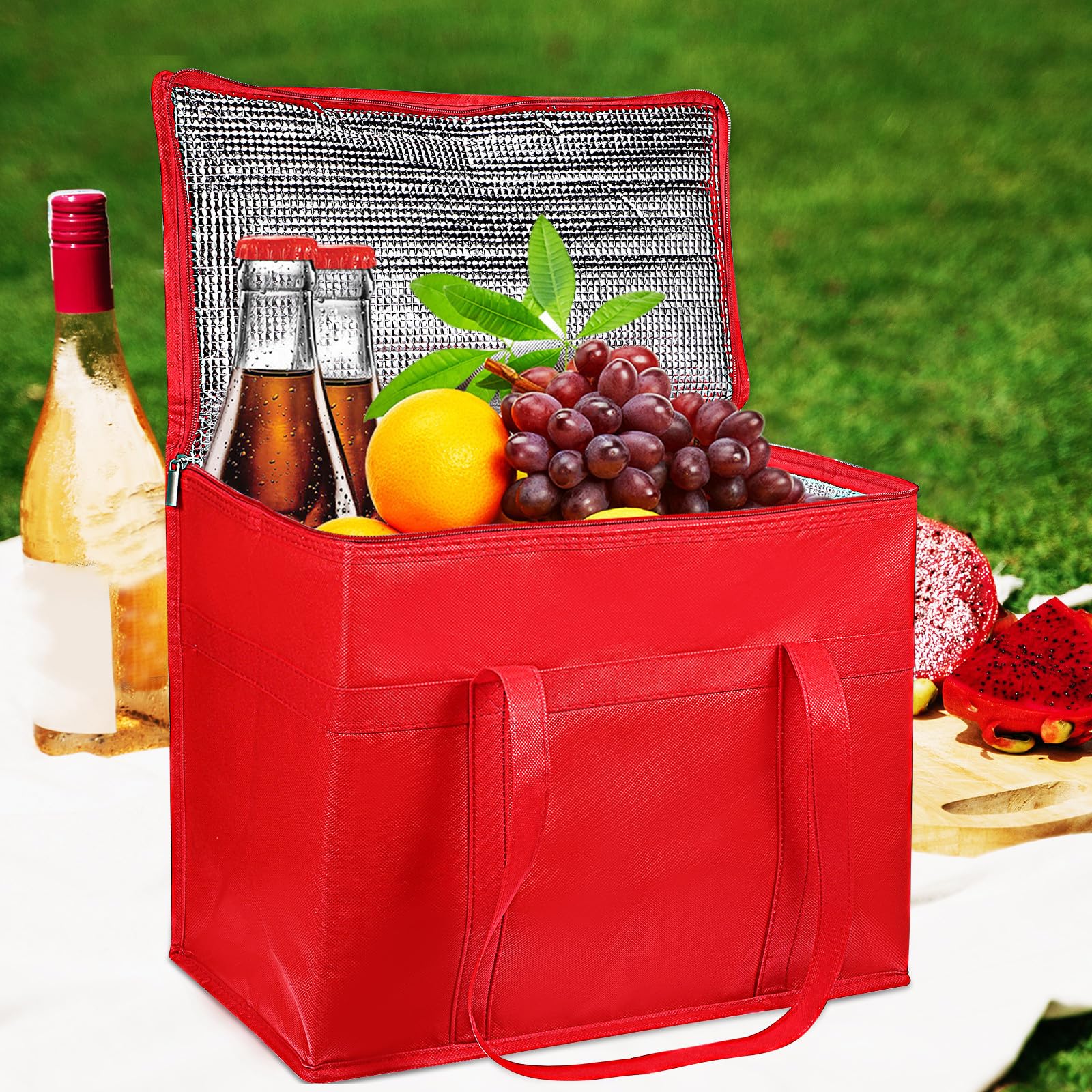 TOYANDONA 4 Piezas Bolsa Térmica Reutilizable de Gran Capacidad Asas Reforzadas para Compras y Picnic, Fabricada en Tela No Tejida Roja Aislamiento para Mantener Alimentos Frescos