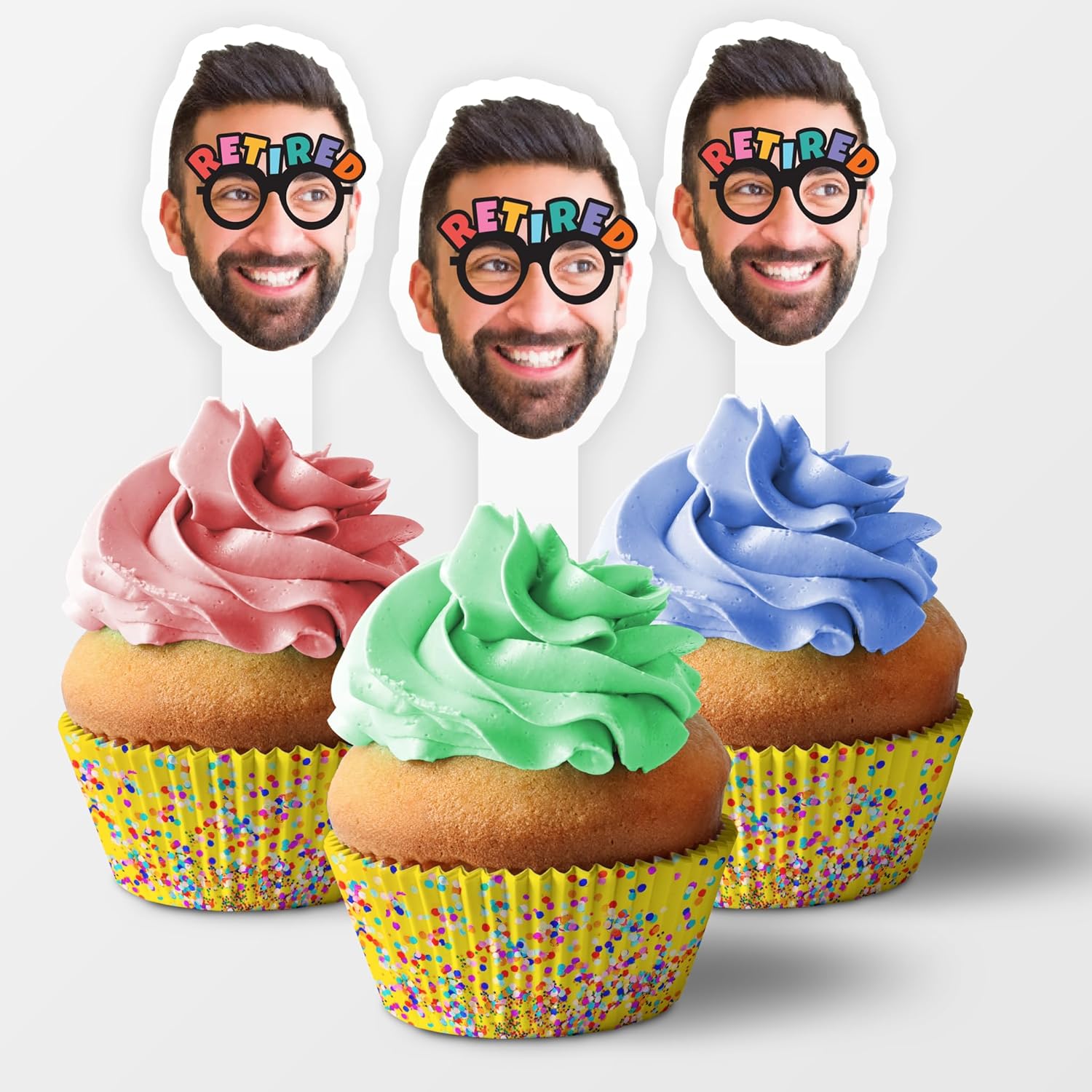 Custom Photo Cupcake Toppers for Retirement, 2x4 Inches, Solid Plastic Personalized Retirement Cupcake Toppers (Retirement Glasses, 25)