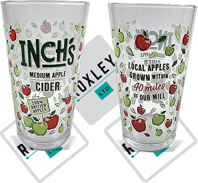 Roxley X2 Inch's Rolling Apple Cider Pint Pot Mug Glass Beer Man Cave Lager Large 56 CL Glass One Pint Also Comes with 2 Beer Mats Made in UK Great Gift Set