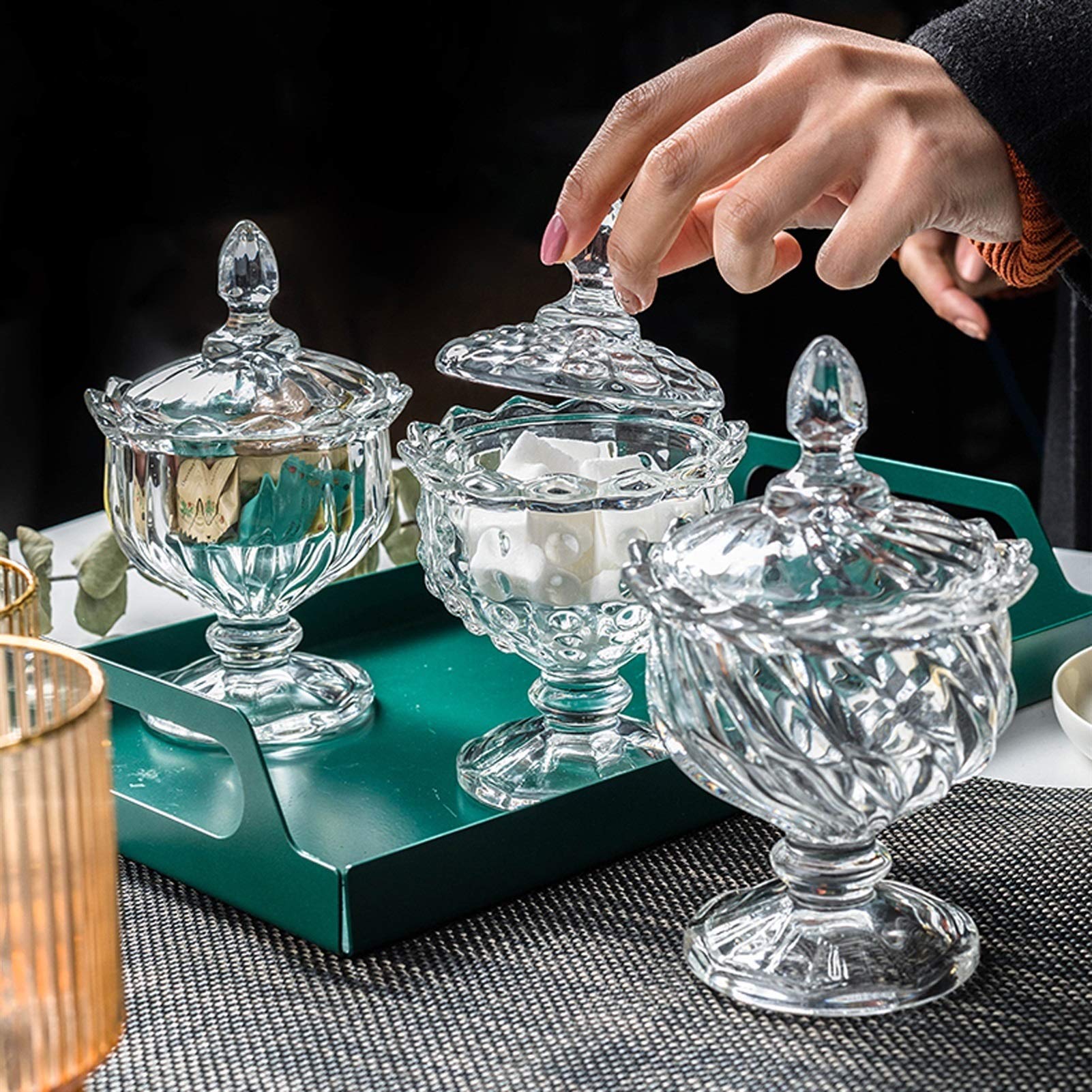 sucrier Bol à Sucre en Verre Tall Sugar Bowl Fleur Thé Réservoir Transparent Cube Cube Cube Bol avec Couvercle Anti-poussière (Trois Styles) Bocal à Bonbons (Color : C)