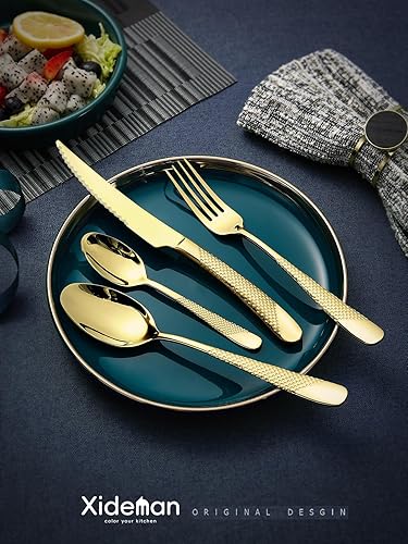 Miniatura 10 de Xideman Juego de cubiertos martillados azules de 16 piezas con cuchillo dentado ultra afilado 2 en 1, juego de cubiertos de acero inoxidable 1810,