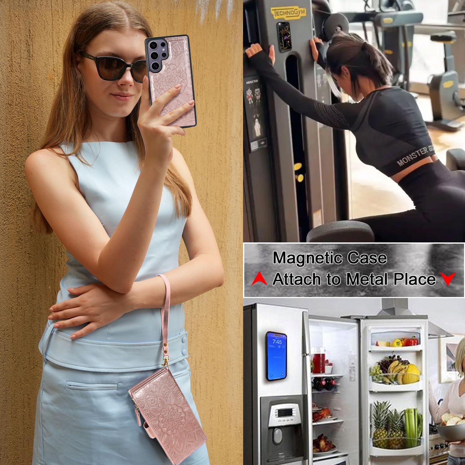 Harryshell Compatible with Samsung Galaxy S25 Ultra Wallet Case Detachable Phone Cover with Zipper Cash Coin Pocket Multi Card Slots Holder Wrist Strap Lanyard 6.9 inch (Floral Rose Gold)