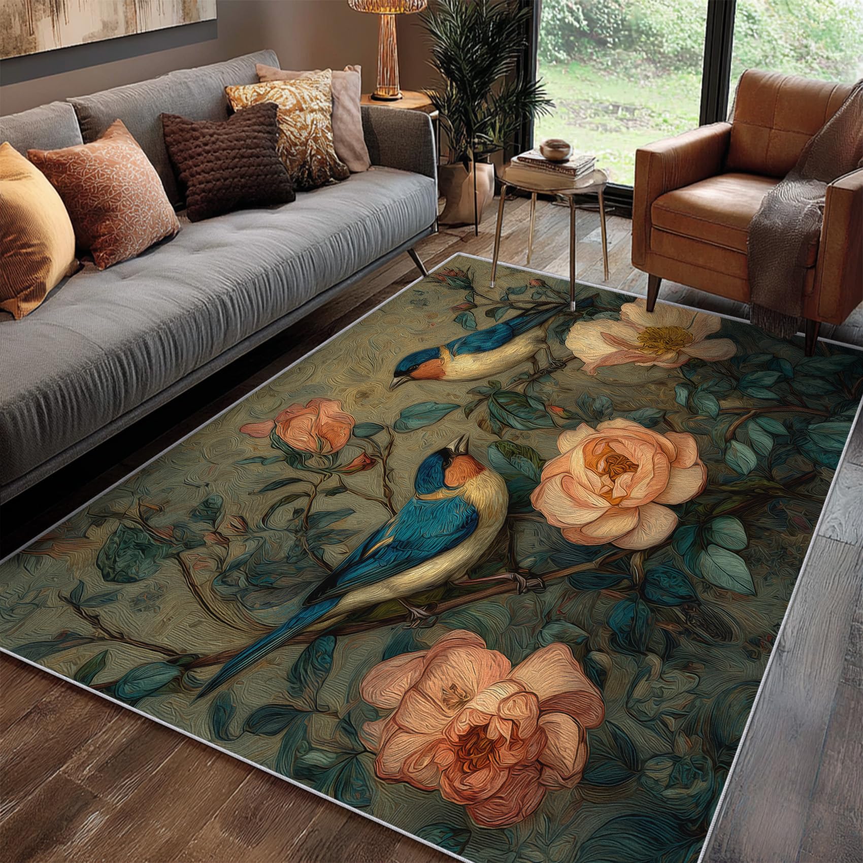 Vintage Floral Rug 6x8 Bedroom Botanical Flower Bird Pattern Washable Area Rugs for Living Room Vintage Floral Home