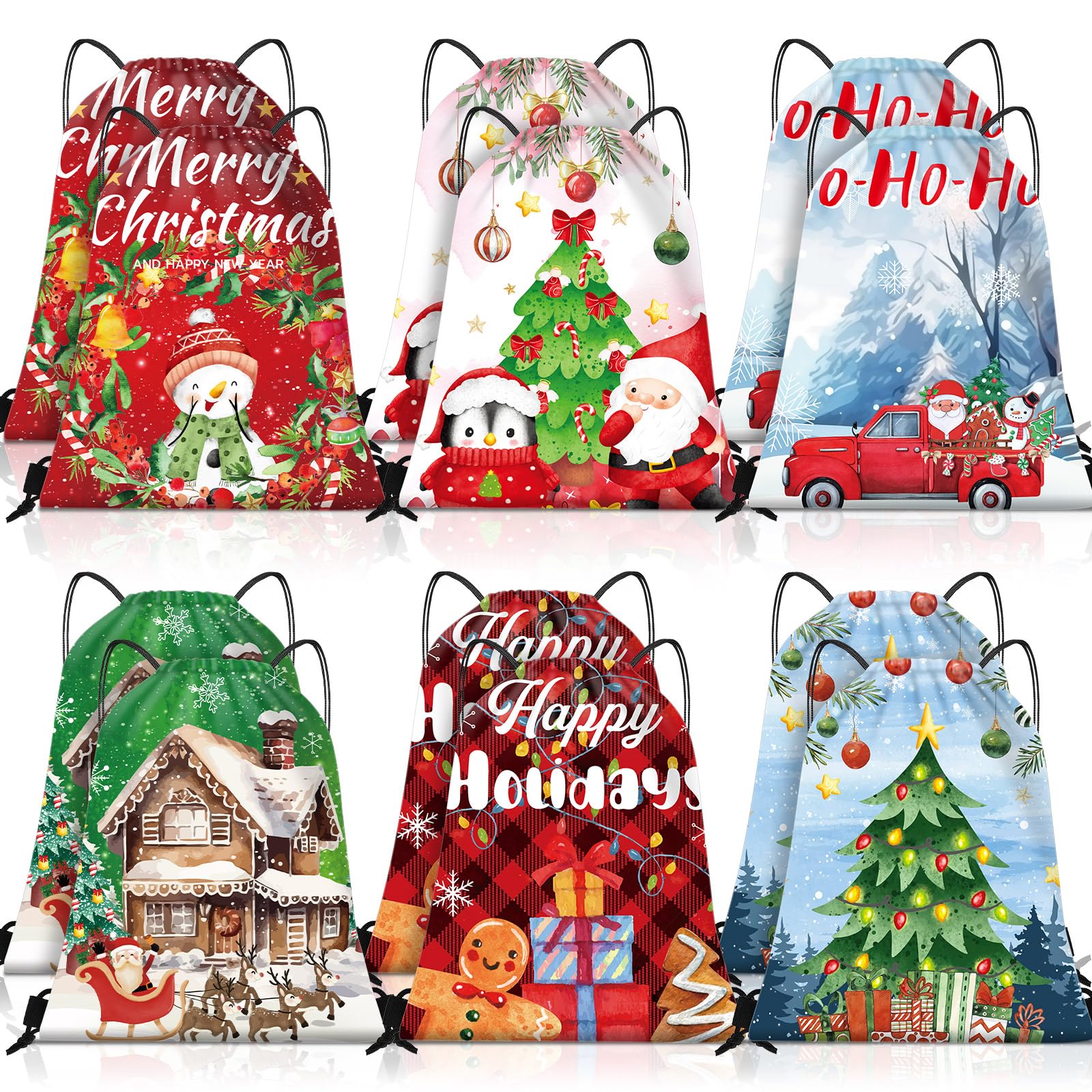 Locmeo 12 Pcs Christmas Gift Bags with Drawstring 10x12in Polyester Christmas Goody Gift Wrapping Bags Bulk Drawstring Treat Gift Bags Watercolor Style for Holiday Xmas Party