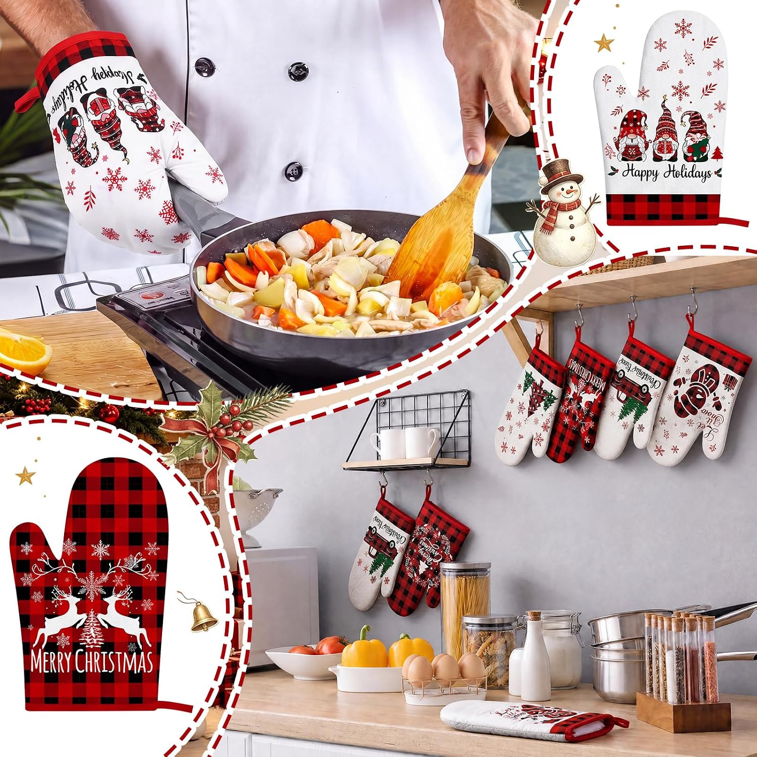 Sratte 12 Pcs Christmas Kitchen Oven Mitts Red Black Plaid Santa Joy