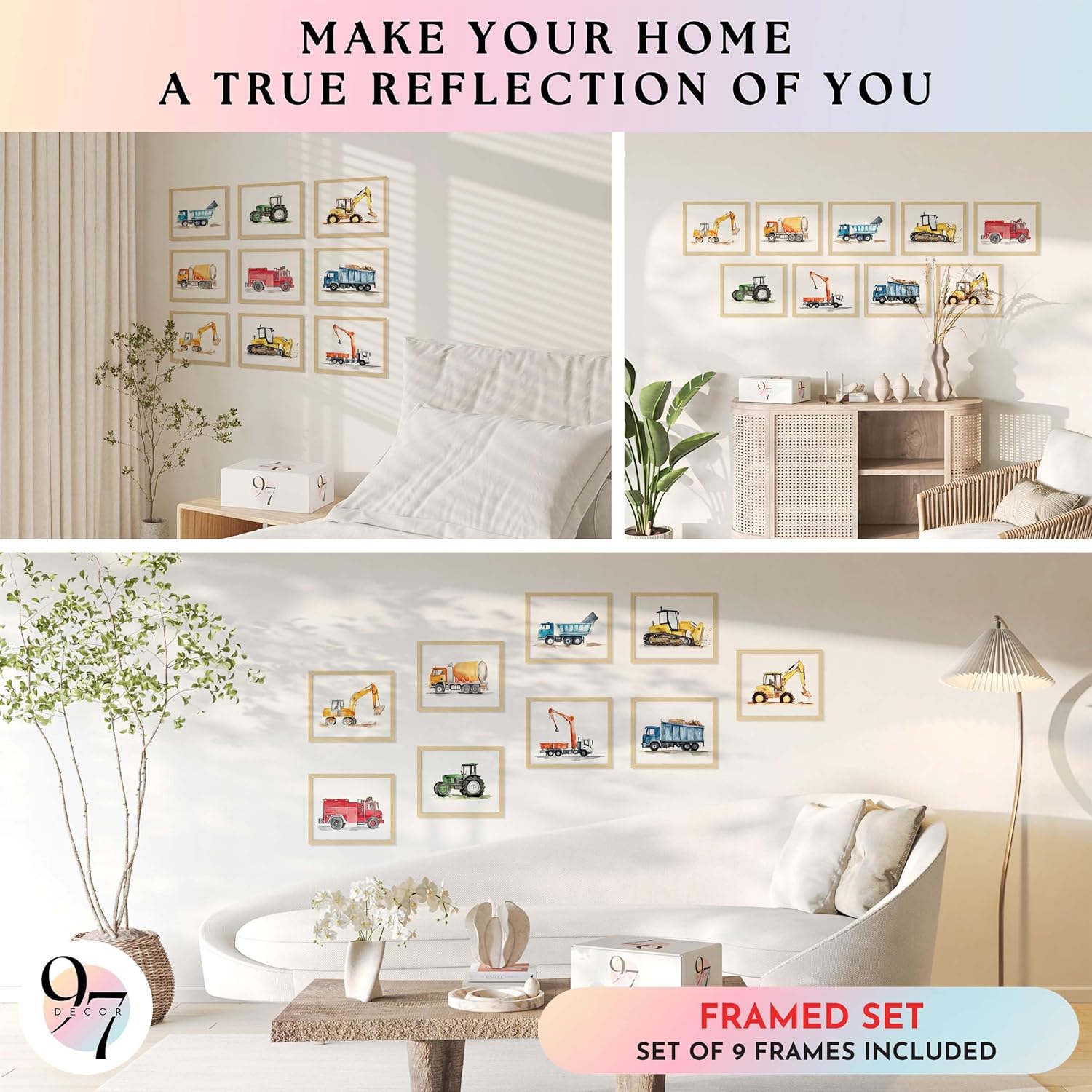 97 Decor Kids Wall Art FRAMED Posters - Construction Room Decor For Boys Bedroom, Truck Posters For Boys Room, Nursery Framed Art Prints, Tractor Pictures Little Boy Toddler Room Decorations (BEIGE FRAME)