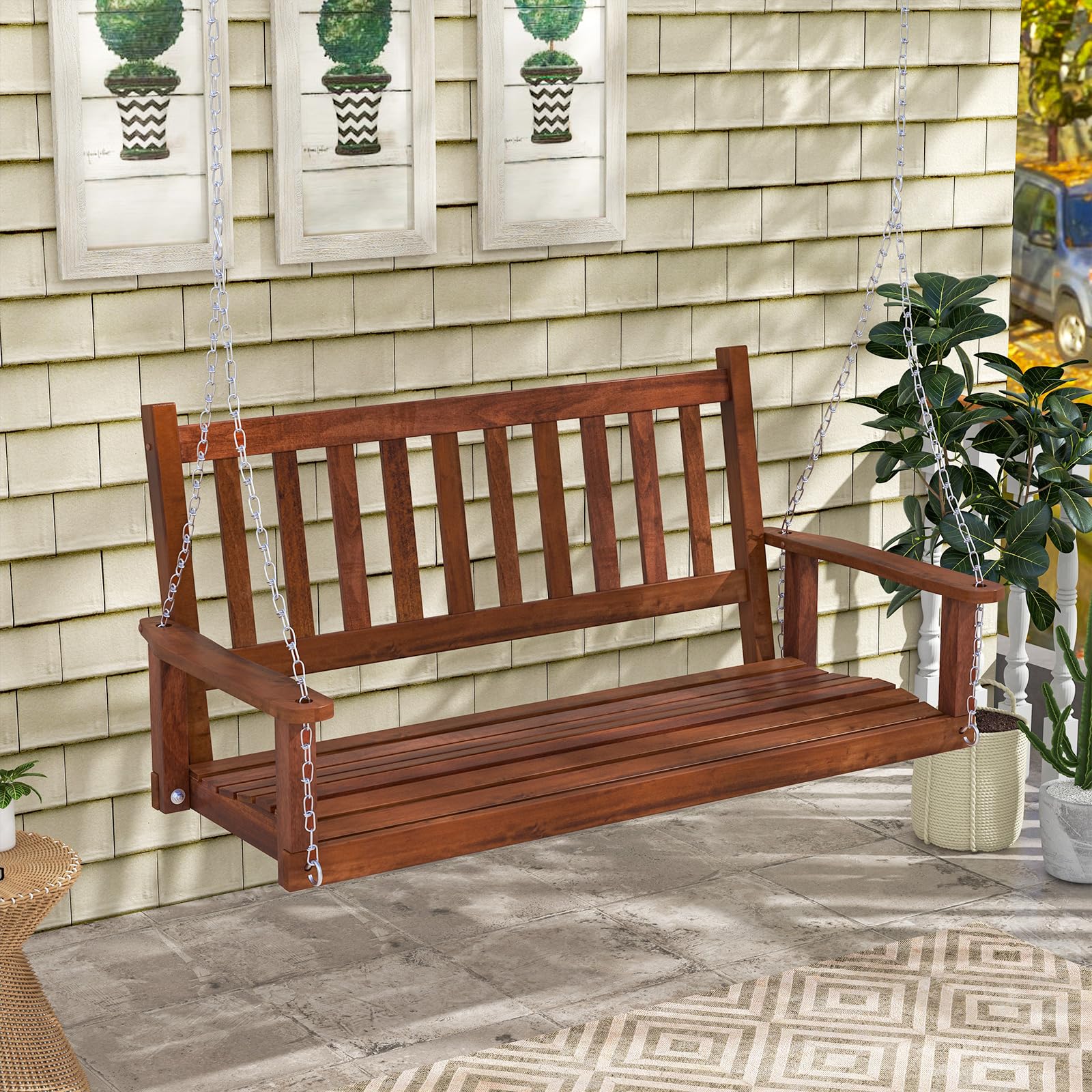 GOPLUS Balançelle Jardin 2/3 Places Extérieur Chaise Hamac Suspension Bois 230/360KG 136x67x63CM Marron