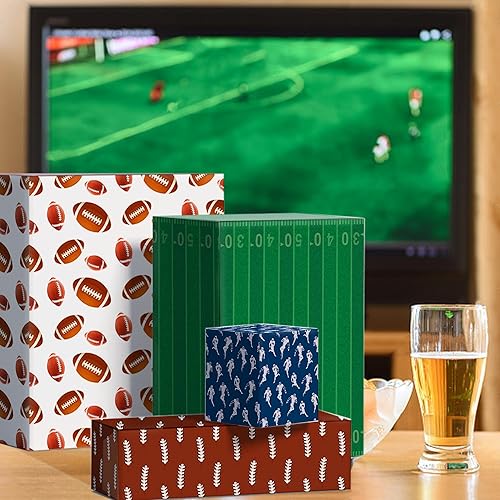 Miniatura 7 de Hahamatel 8 hojas de papel de regalo de fútbol, papel de regalo de pelota de rugby marrón, papel de envoltura de patrón de fútbol, papel de arte