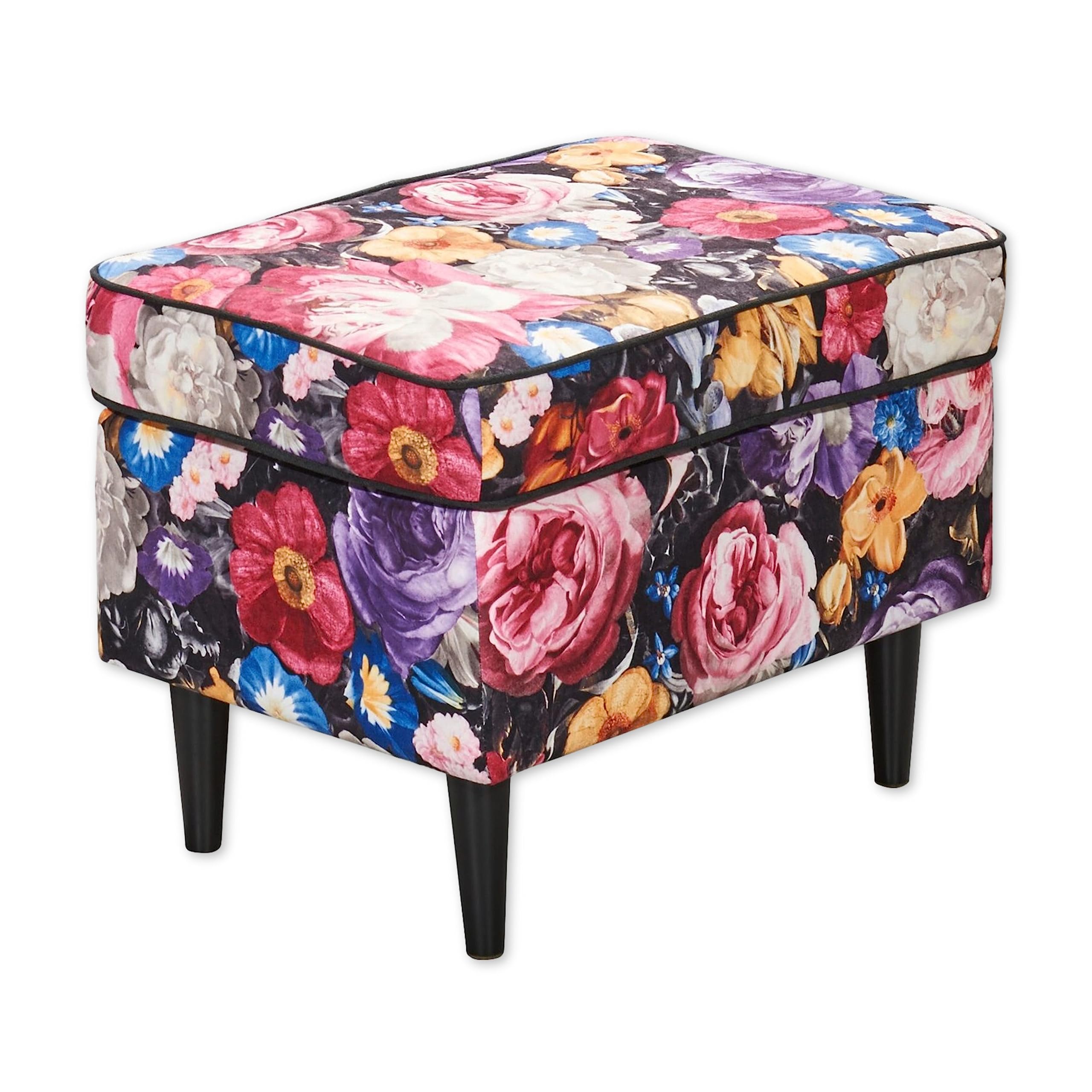 LAUREL Fußhocker gepolstert mit floralem Muster - Vintage Polsterhocker für Sessel, Couch und Sofa - 63 x 43 x 42 cm (B/H/T)